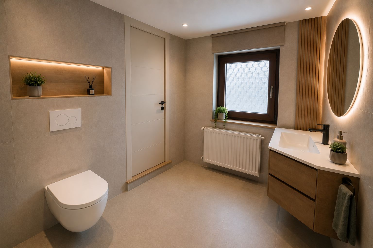 Modernes Badezimmer mit WC, Waschbecken, Spiegel und Fenster, dekoriert mit Pflanzen.