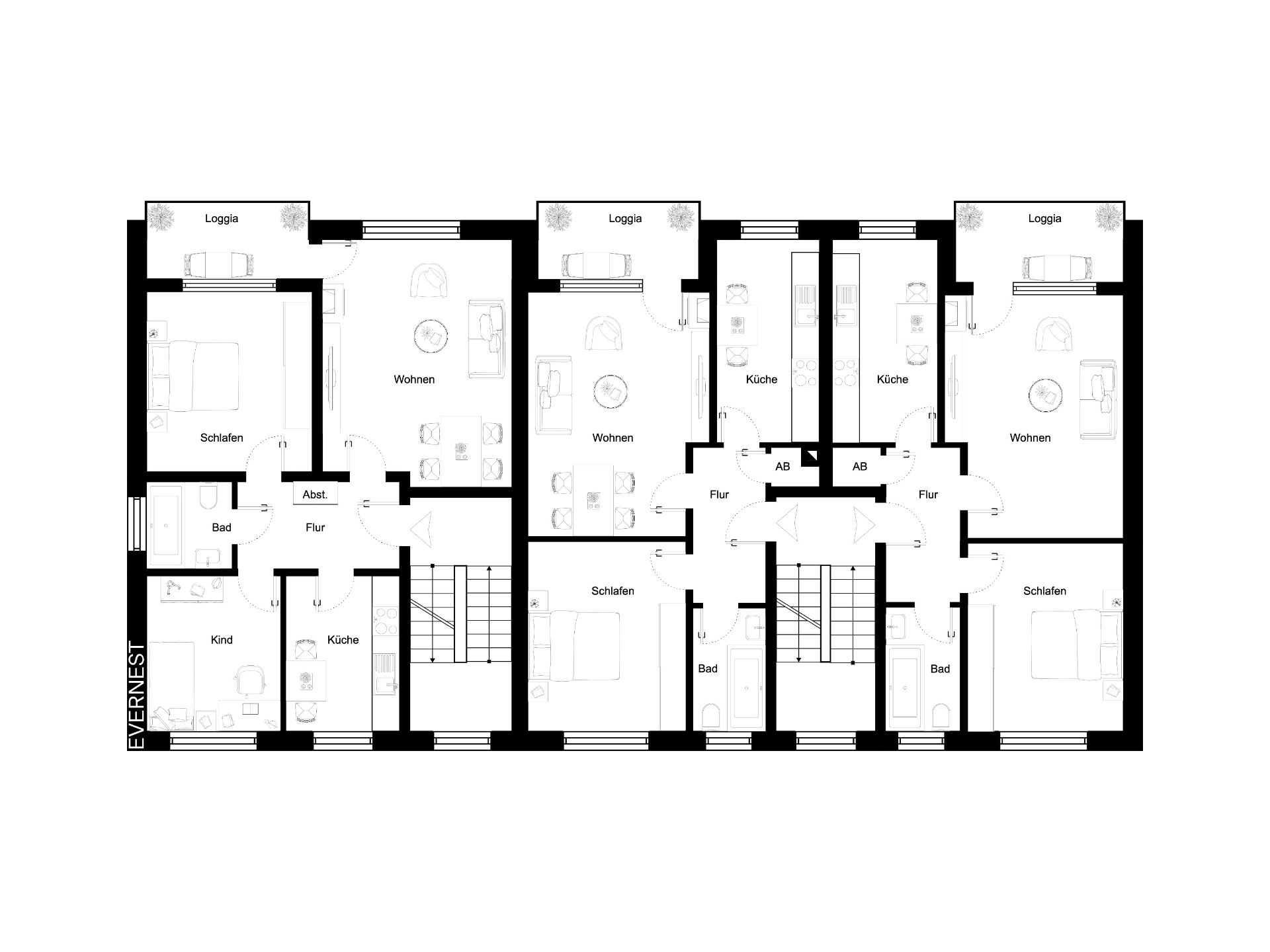 Grundriss eines Mehrfamilienhauses mit mehreren Wohnungen, Wohnzimmern, Küchen und Schlafzimmern.