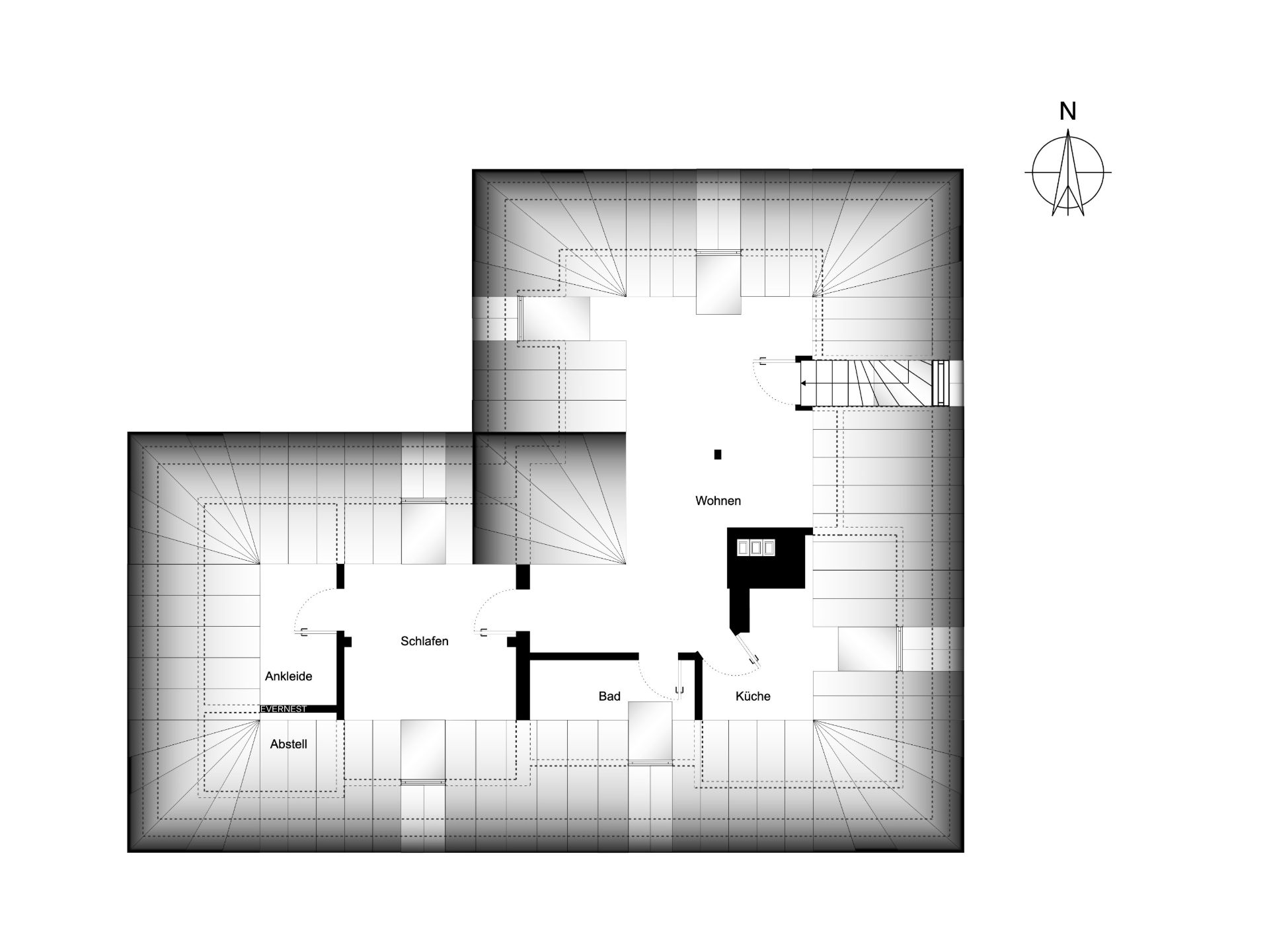 Grundriss mit Wohn-, Schlaf-, Bad-, Küchen-, Ankleide- und Abstellraum.