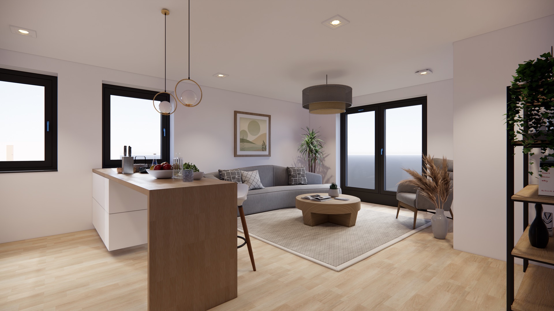 Helles Wohnzimmer mit Kücheninsel, Sofa, Couchtisch, Pflanzen und großen Fenstern.
