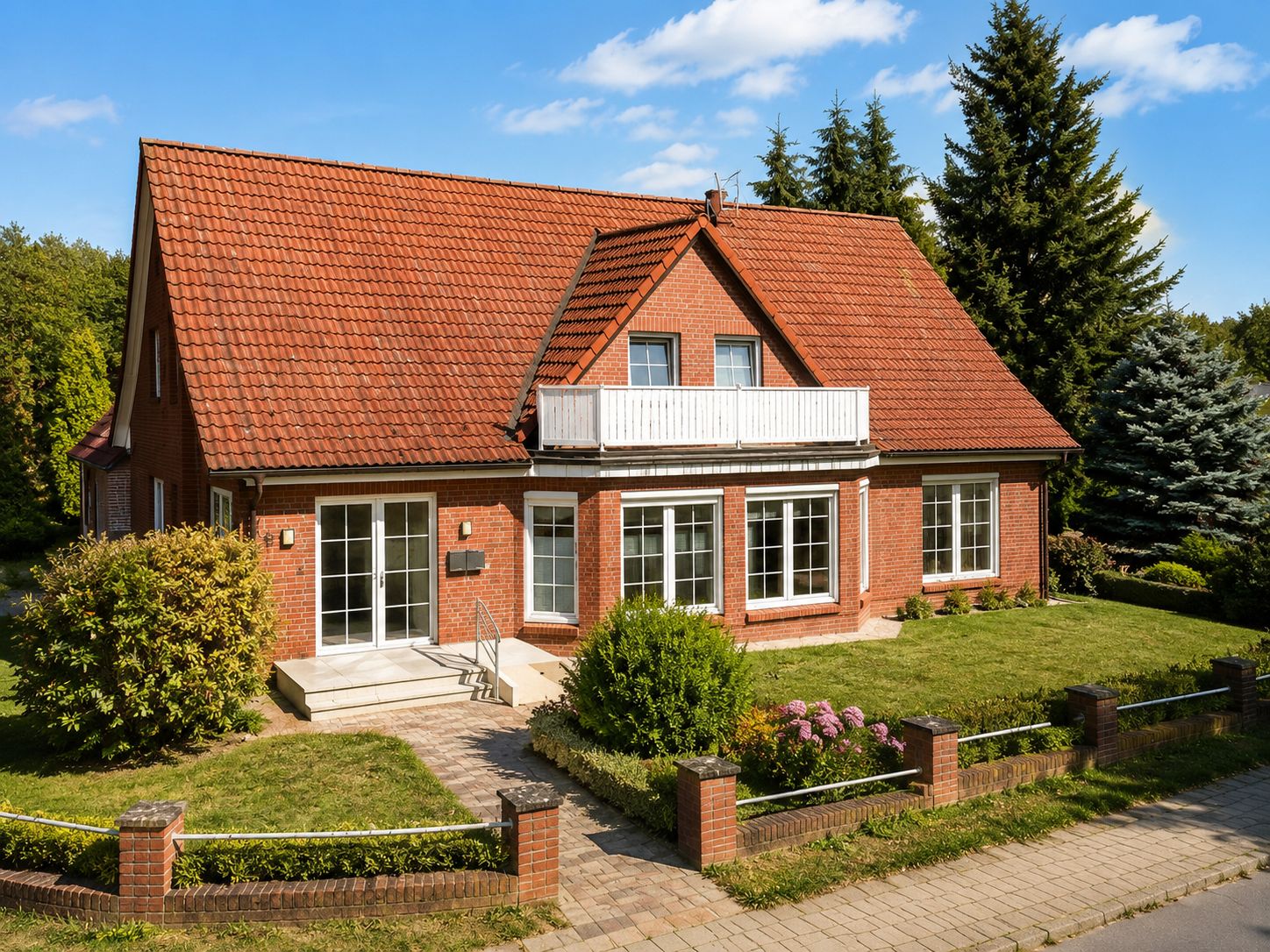 Backsteinhaus mit rotem Satteldach, weißen Fenstern und kleinem Vorgarten.