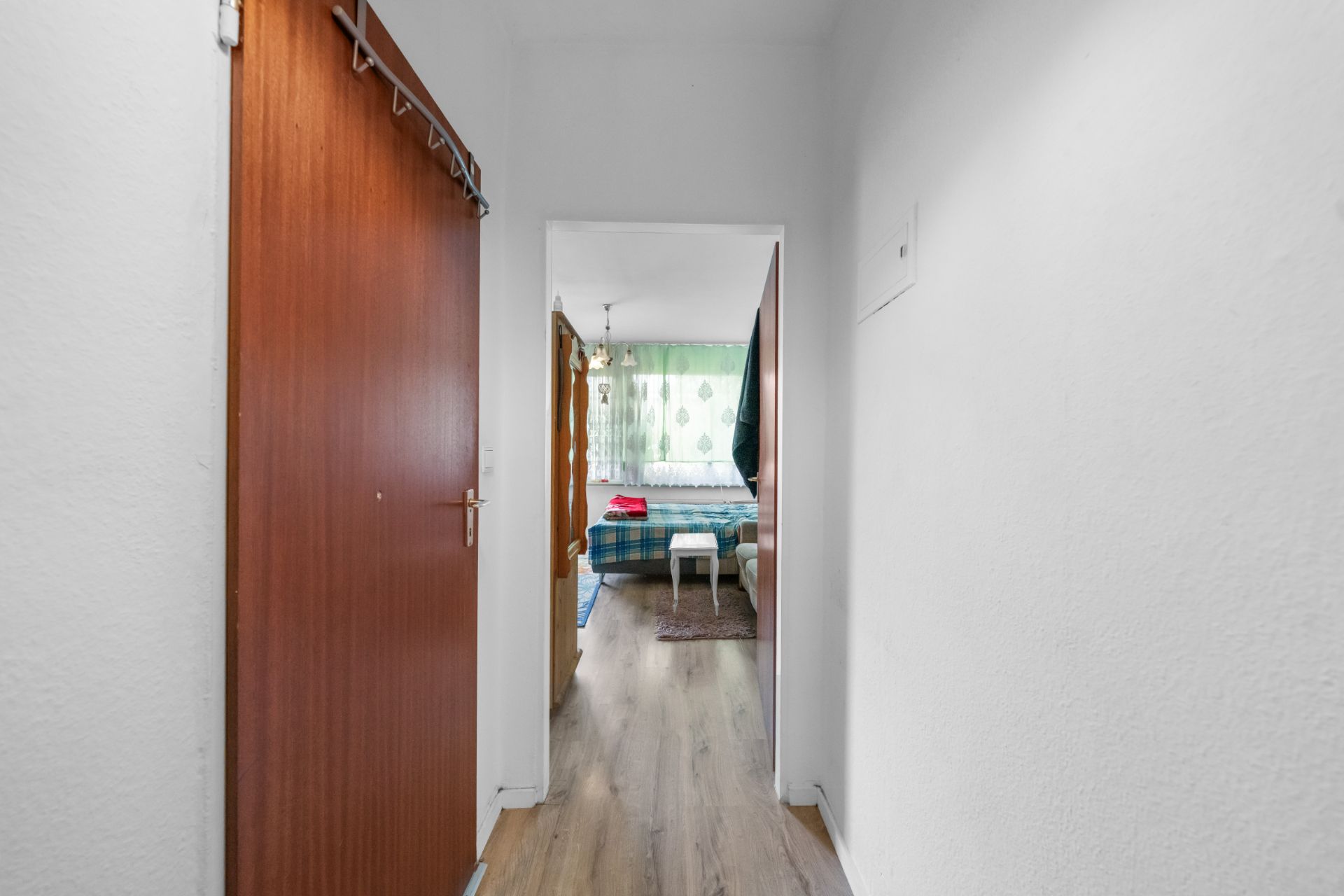Flur mit Holztür, Blick ins Wohnzimmer mit Sofa, Tisch und großem Fenster.