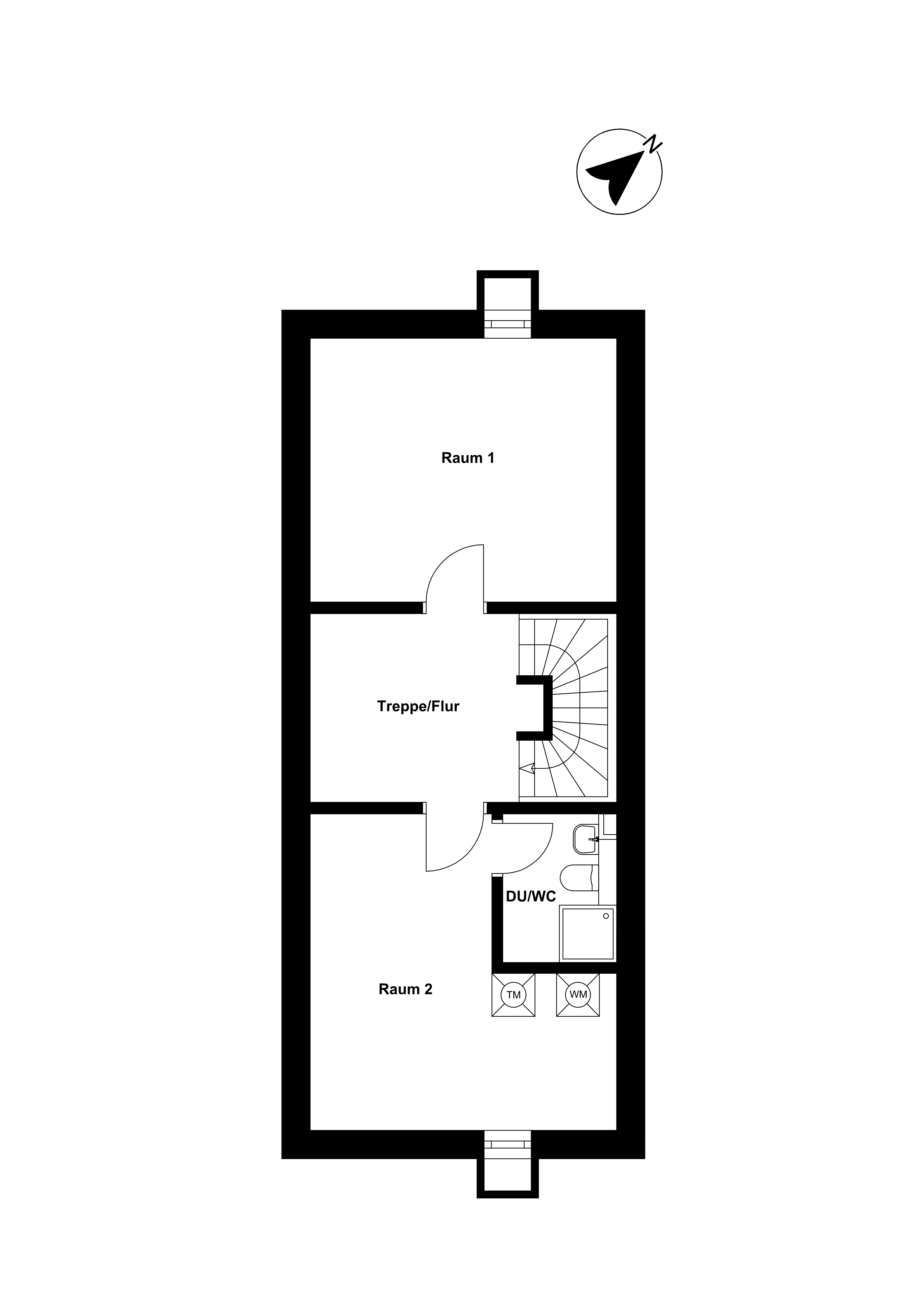 Grundriss mit zwei Räumen, Treppenhaus, Bad und Hauswirtschaftsecke.