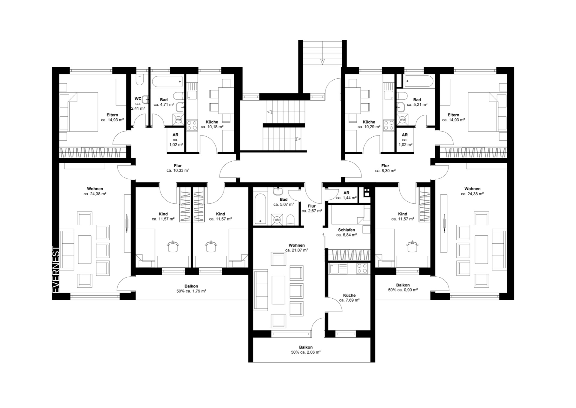 Grundriss einer Wohnung mit Wohnzimmern, Schlafzimmern, Küchen, Bädern und Balkonen.