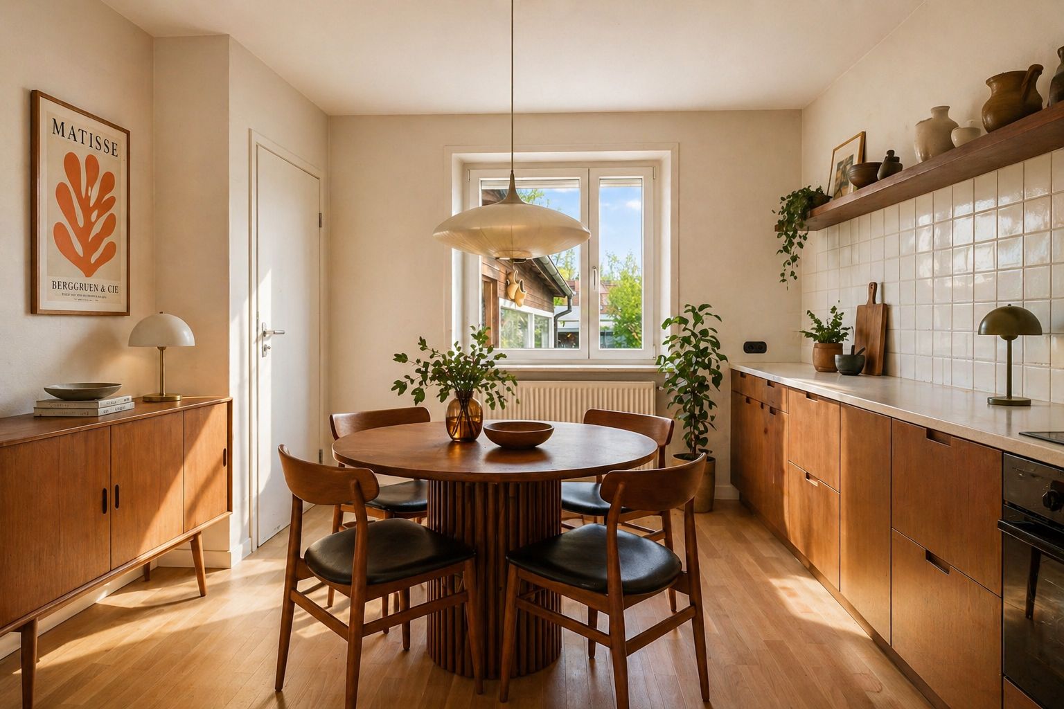 Helle Küche mit rundem Holztisch, vier Stühlen und großen Fenstern, Pflanzen und Holzmöbeln.