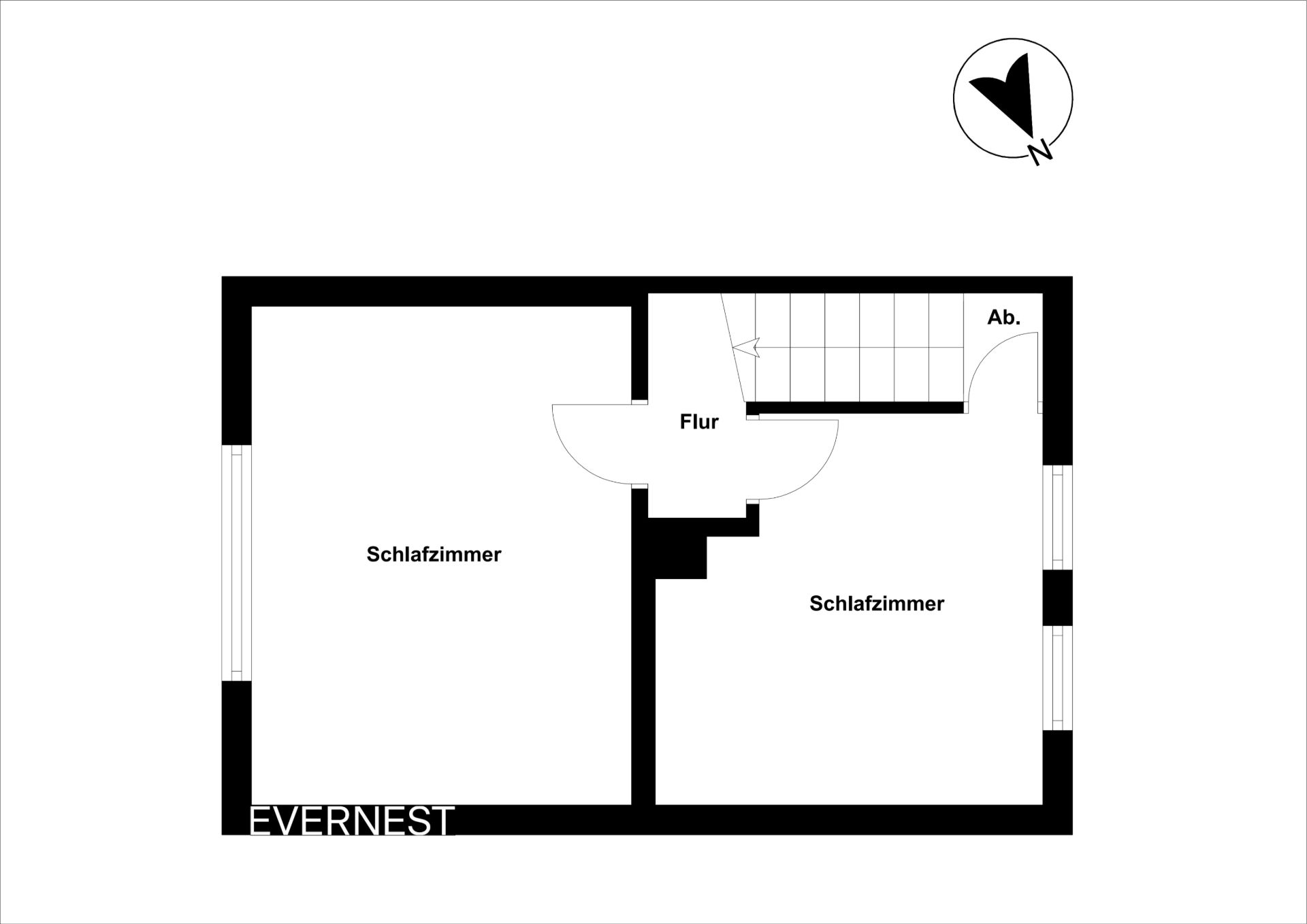 Grundriss mit zwei Schlafzimmern, Flur, Abstellraum und Treppe.