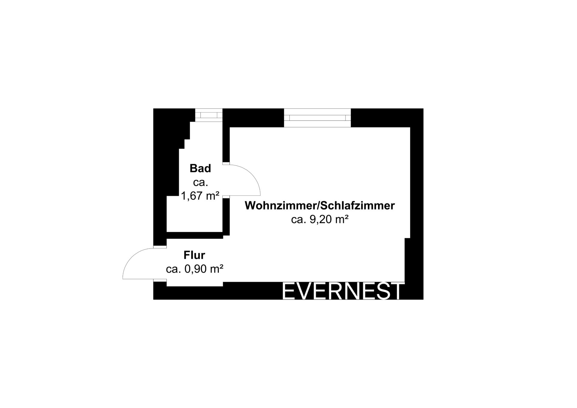 Grundriss mit Flur, Wohnzimmer/Schlafzimmer und Bad. Flächenangaben sind eingezeichnet.