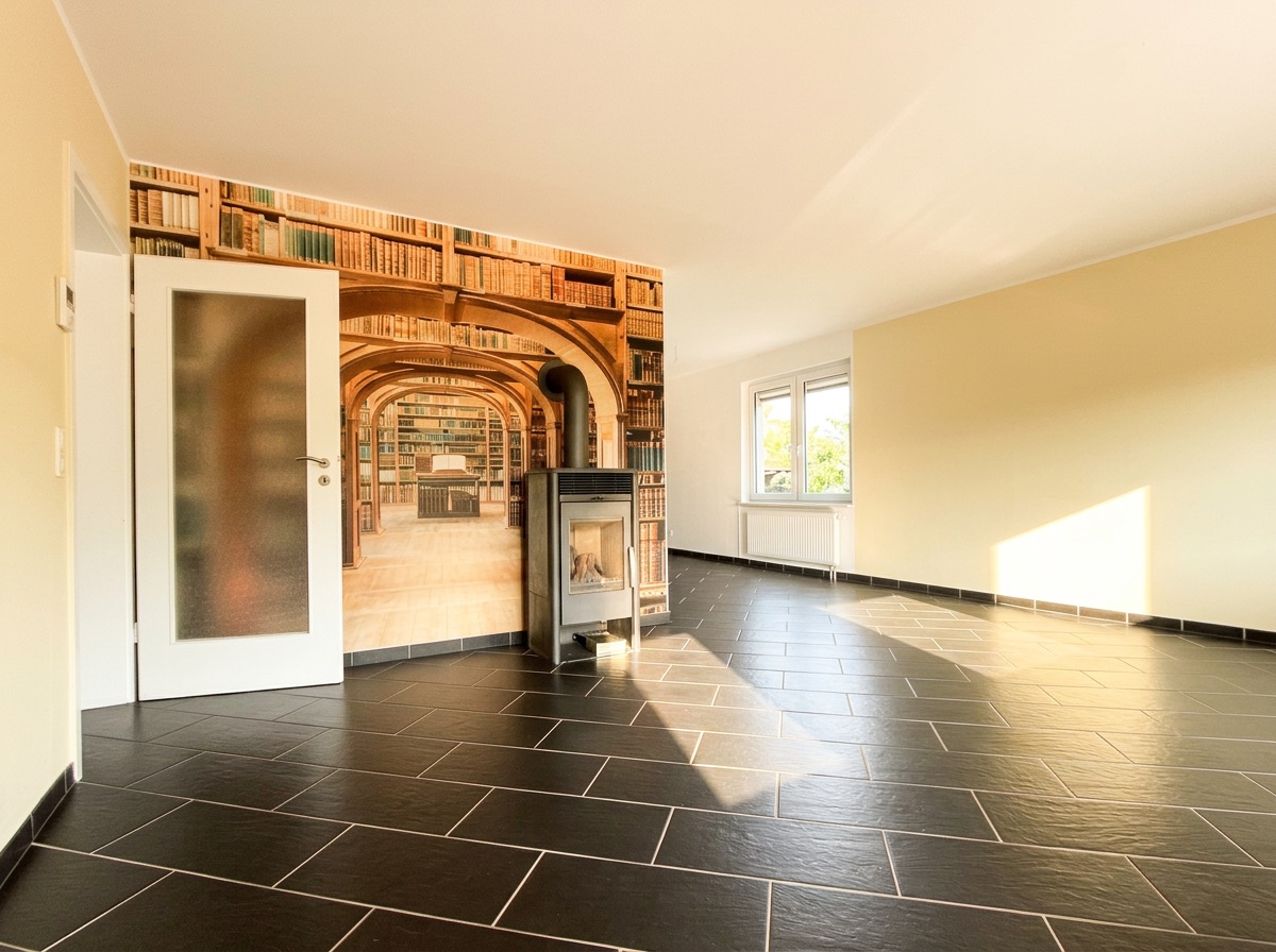 Helles Wohnzimmer mit Kaminofen, großem Fenster und Wandtapete mit Bibliotheksmotiv.