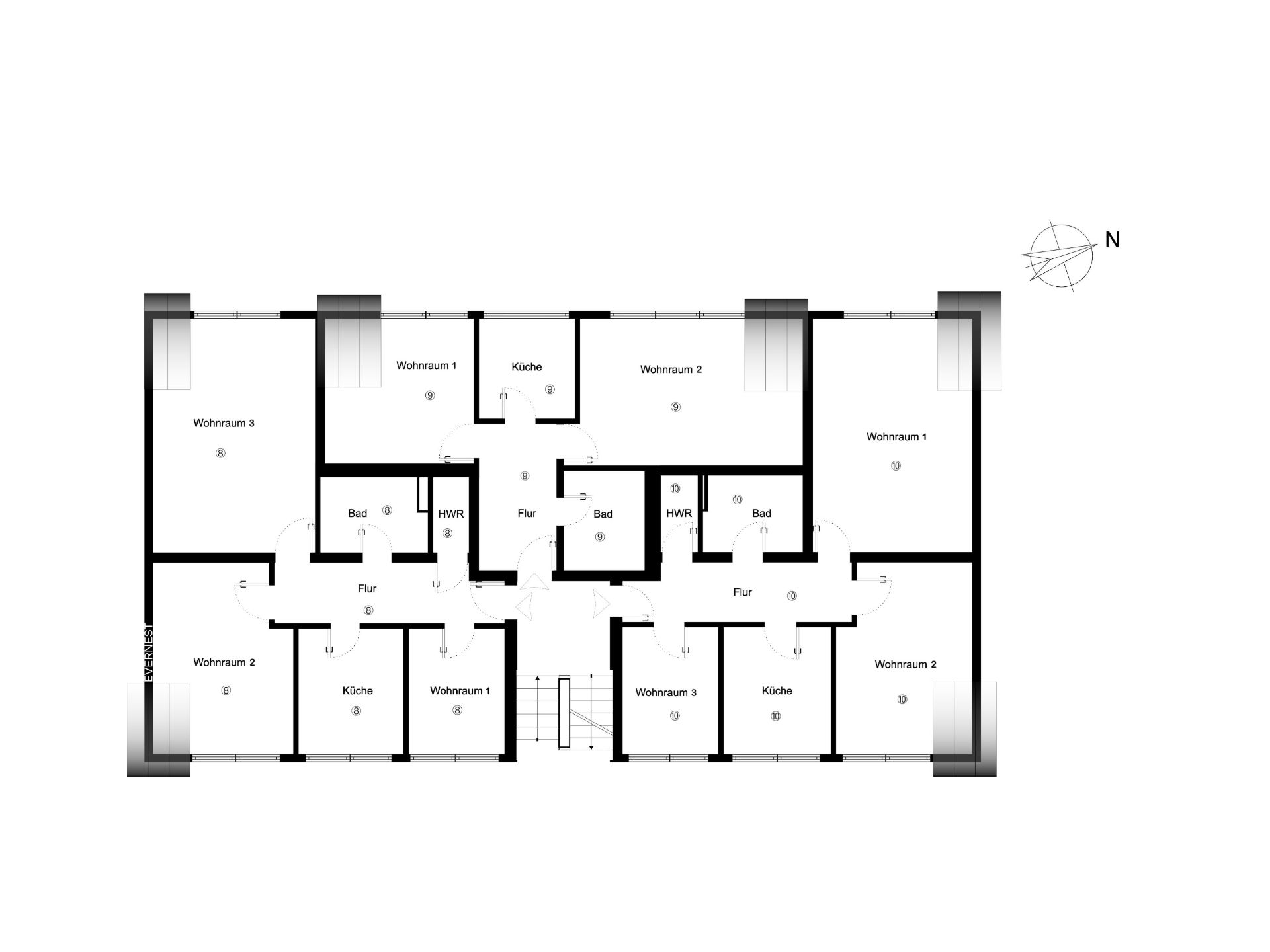 Grundriss mit mehreren Wohnräumen, Küchen, Fluren und Bädern.