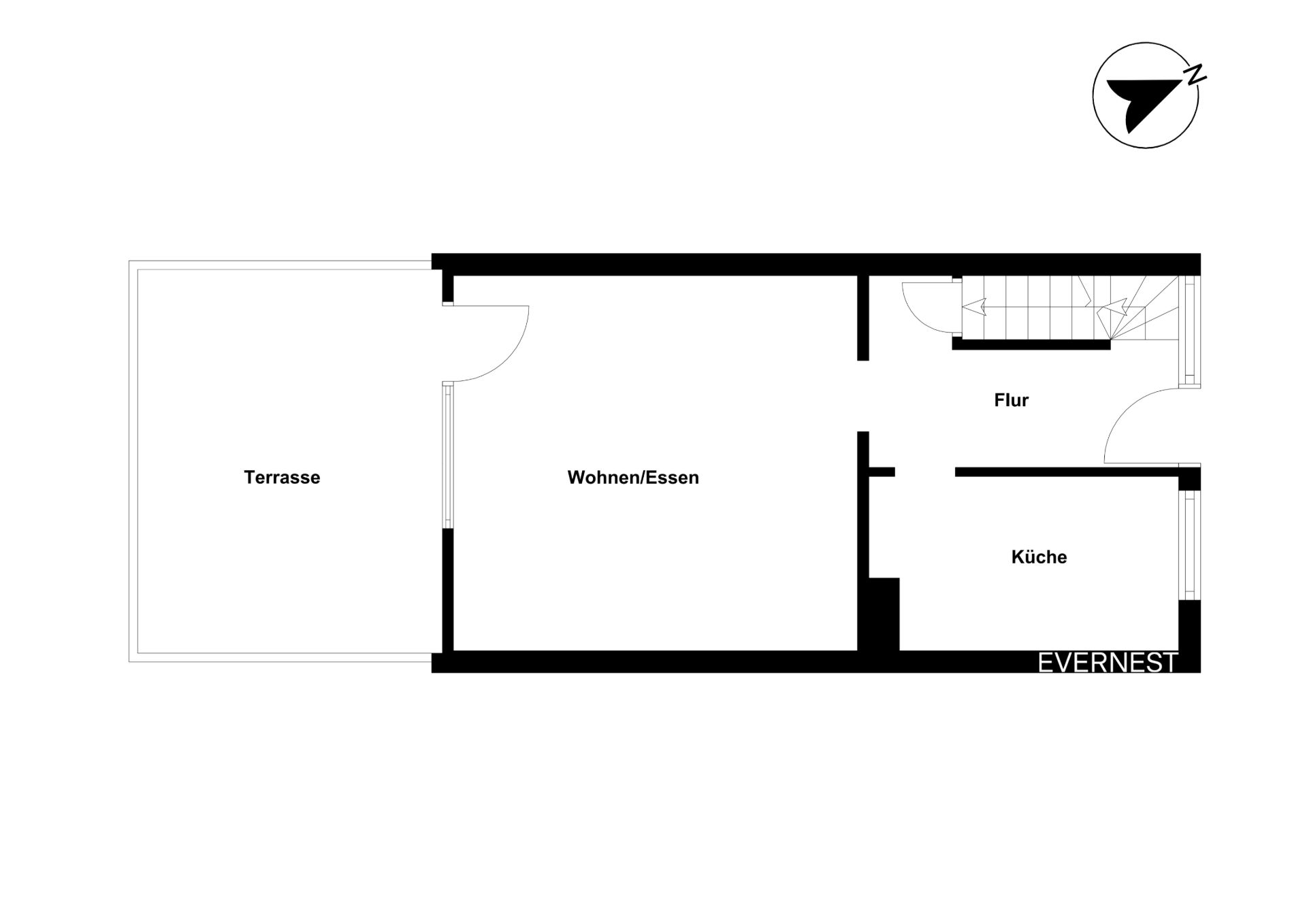 Grundriss mit Terrasse, Wohn-/Essbereich, Flur und Küche.