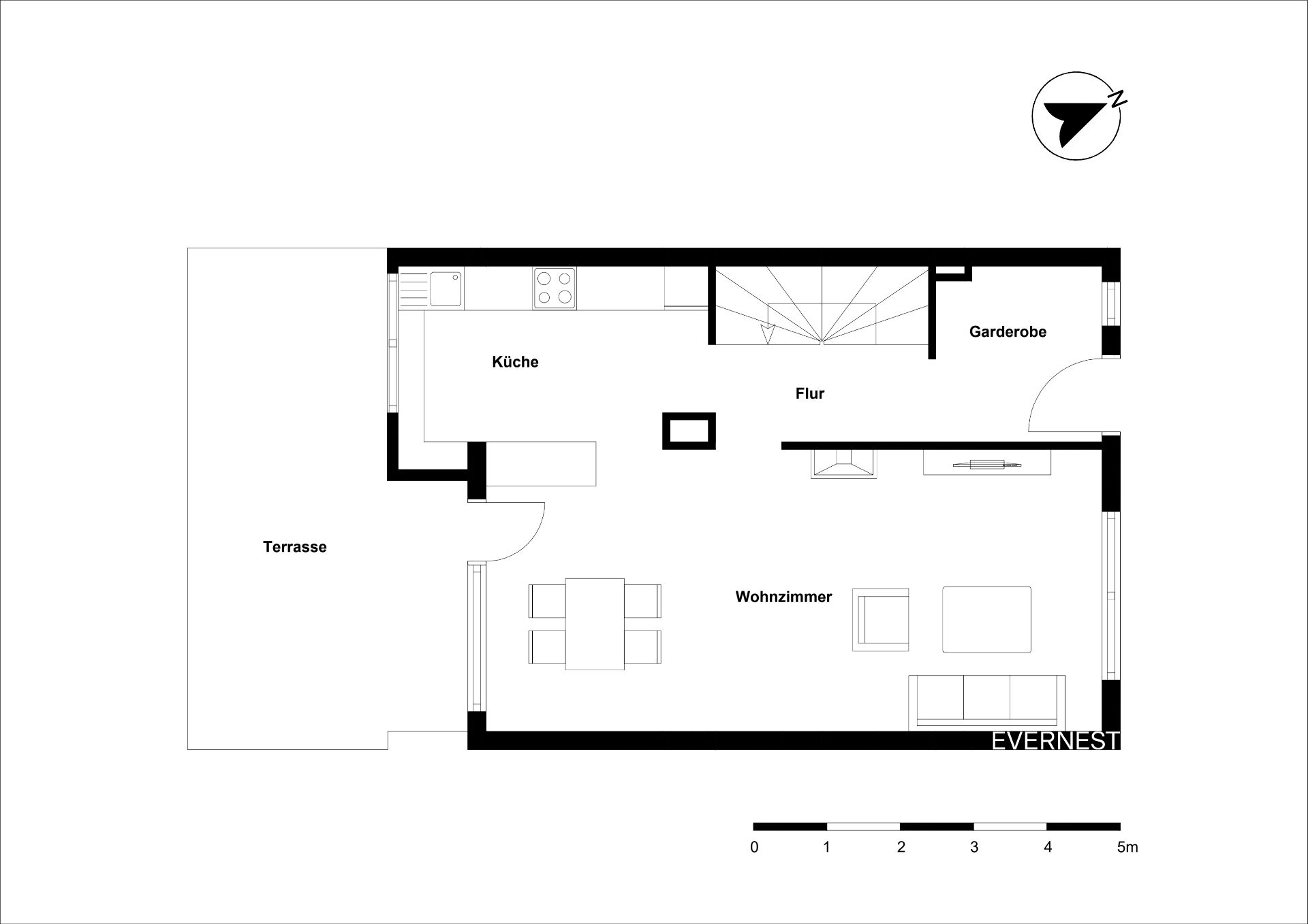 Grundriss einer Wohnung mit Küche, Flur, Wohnzimmer, Garderobe und Terrasse.