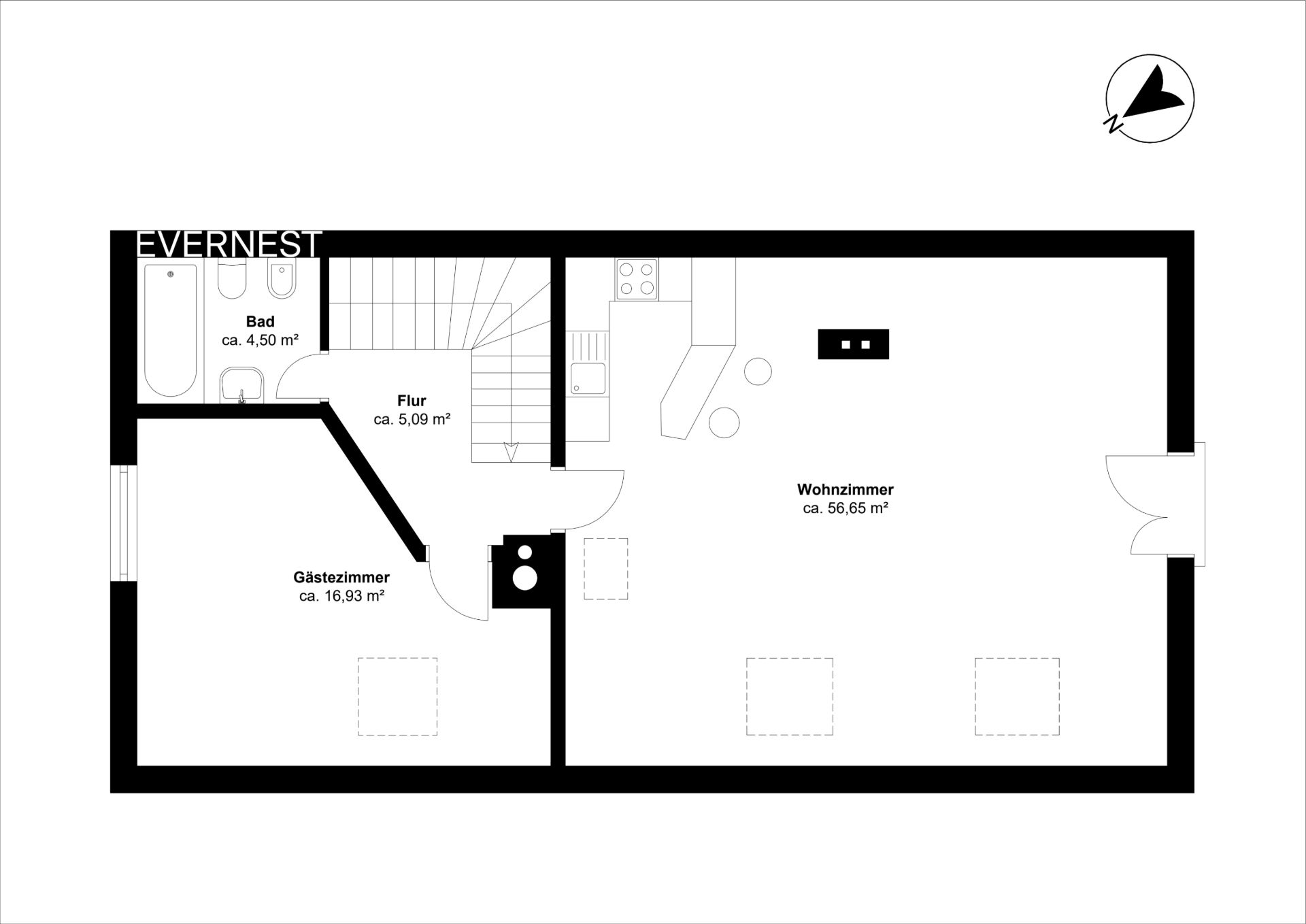 Grundriss mit Wohnzimmer, Gästezimmer, Bad und Flur.