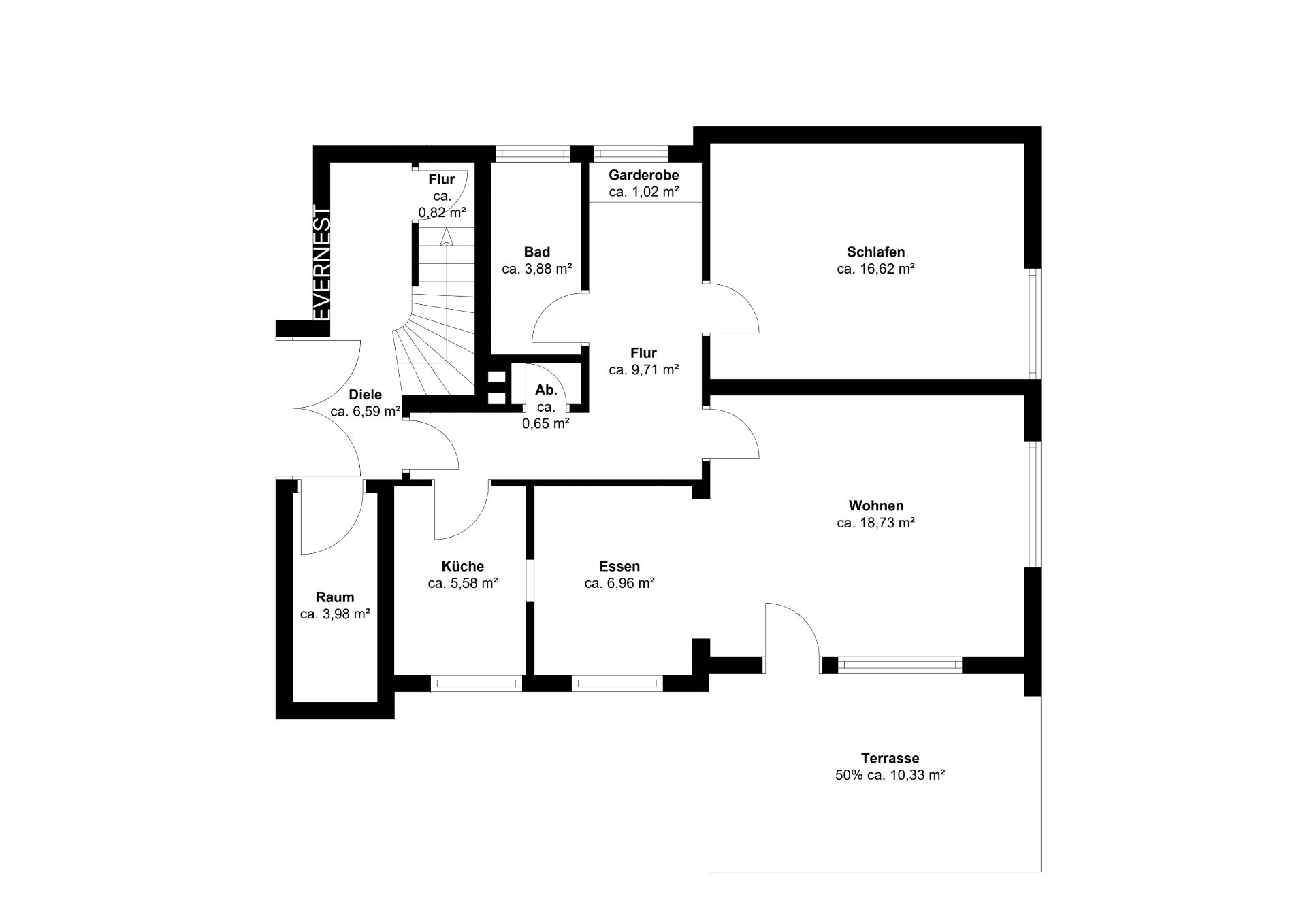 Grundriss einer Wohnung mit Schlafzimmer, Wohnzimmer, Küche, Bad, Essen, Flur und Terrasse.
