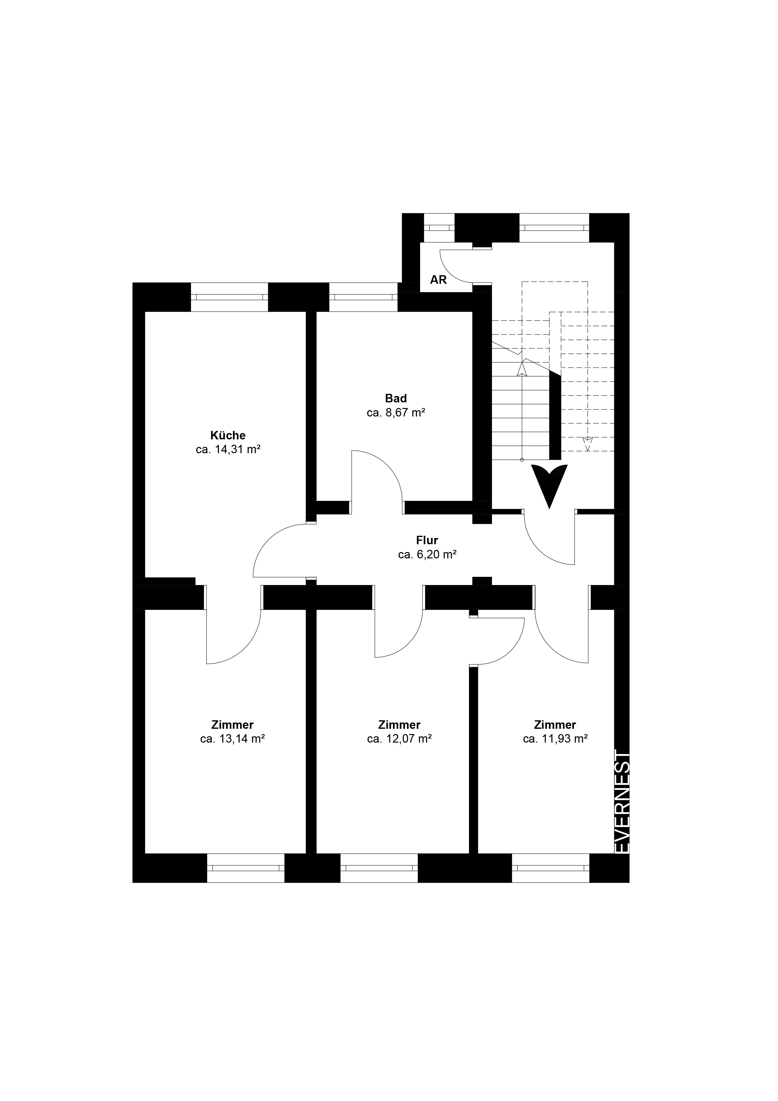 Grundriss mit Küche, Bad, Flur und drei Zimmern, Raumgrößen in Quadratmetern angegeben.