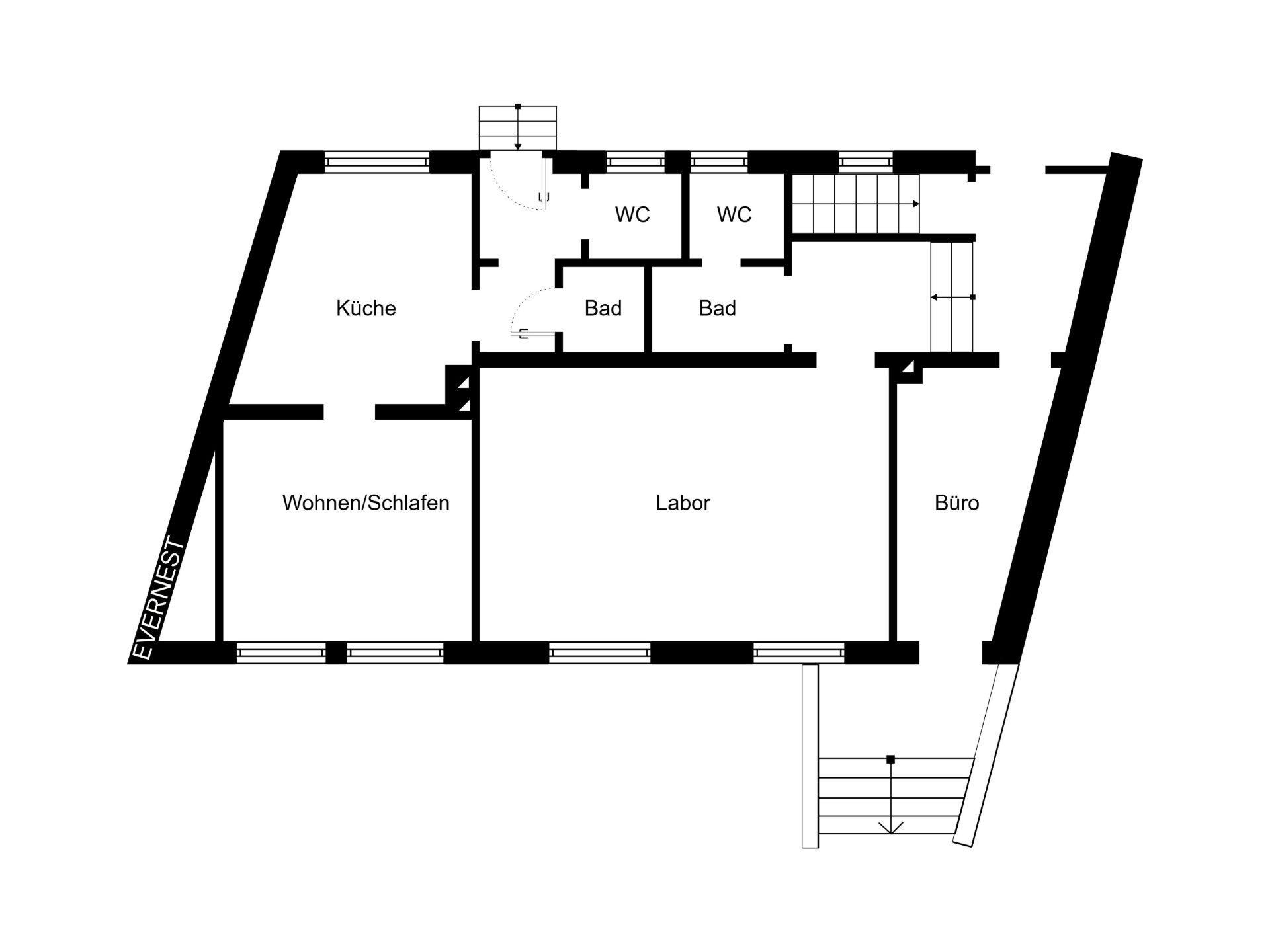 Grundriss mit Küche, Wohn-/Schlafzimmer, Labor, Büro, zwei Bädern und zwei WCs.