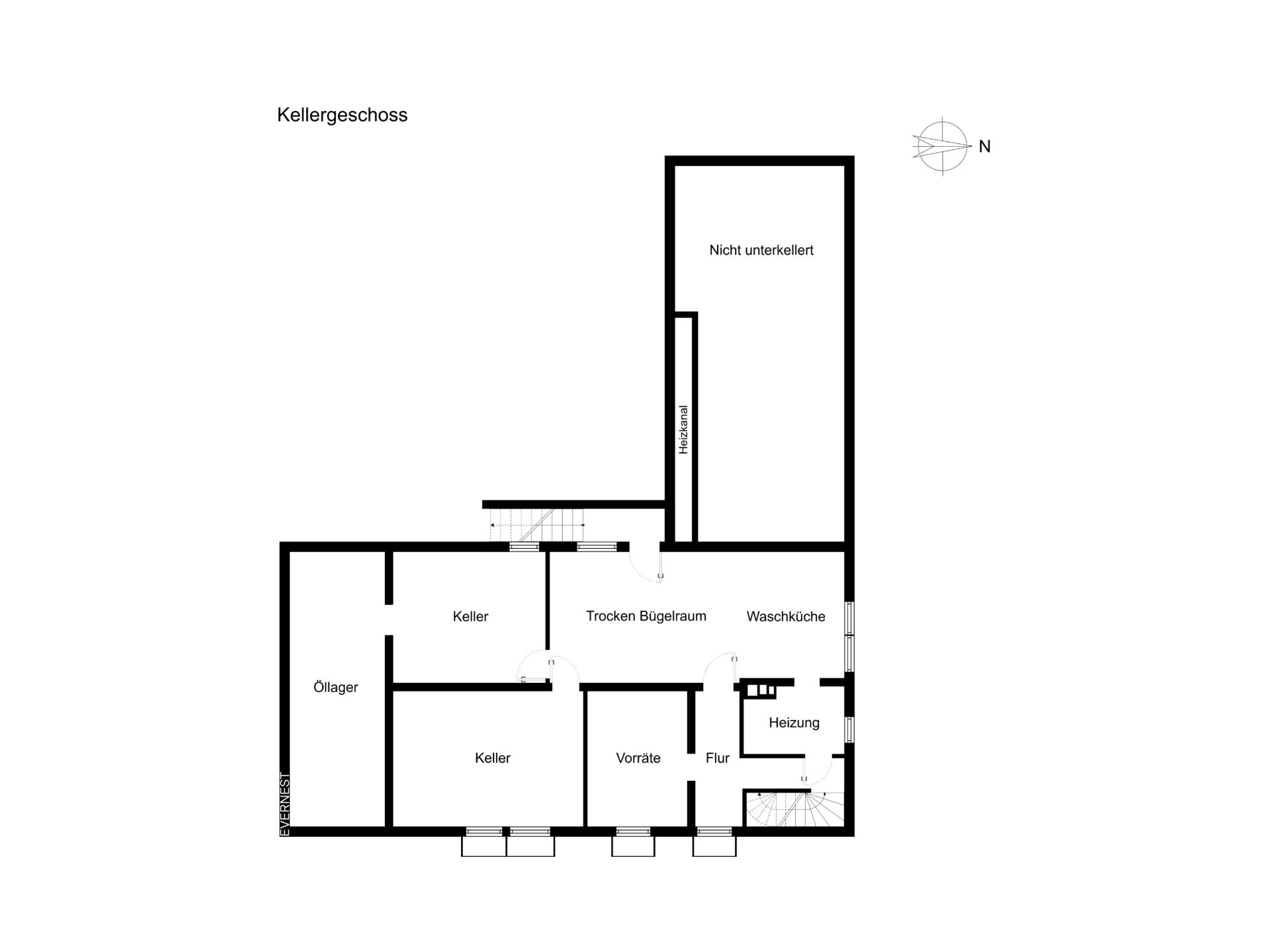 Grundriss eines Kellergeschosses mit Vorratsraum, Waschküche, Heizung und mehreren Kellerräumen.