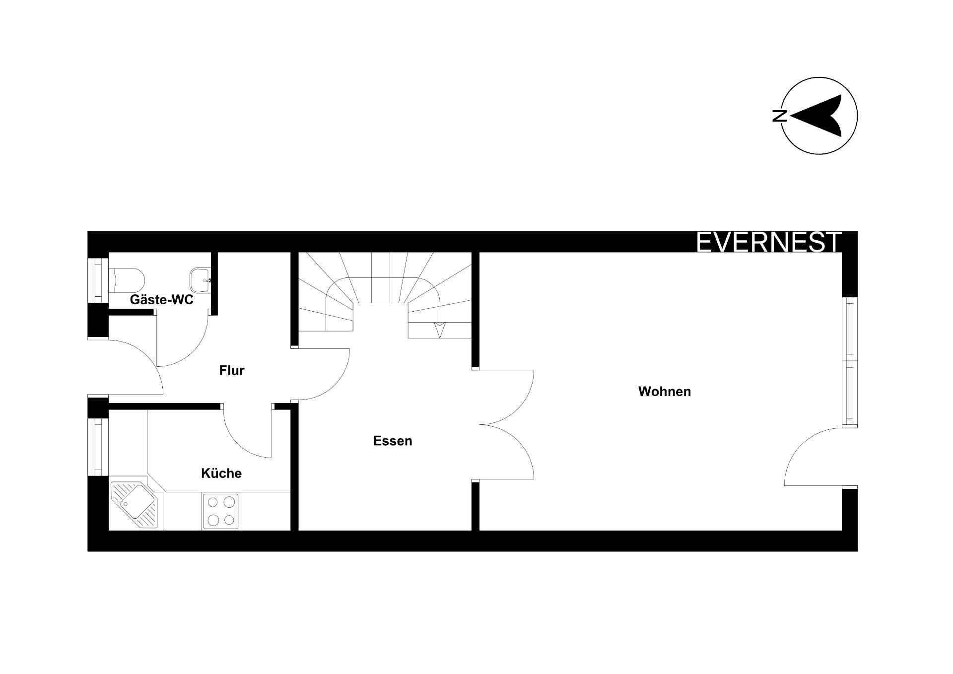 Grundriss mit Küche, Gäste-WC, Flur, Essbereich und Wohnzimmer.