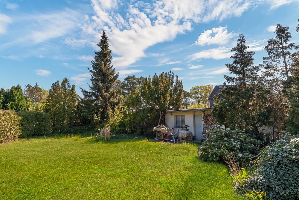 Grüner Garten mit Rasenfläche, Bäumen und einem kleinen Schuppen im Hintergrund.