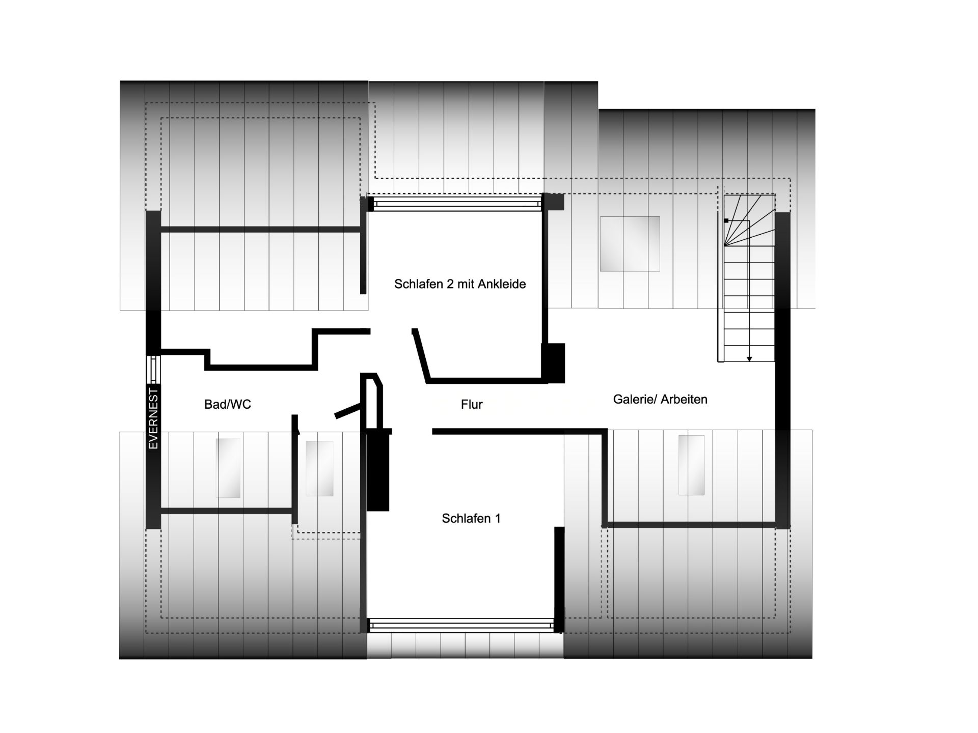 Grundriss mit zwei Schlafzimmern, Bad/WC, Flur und Galerie/Arbeiten.