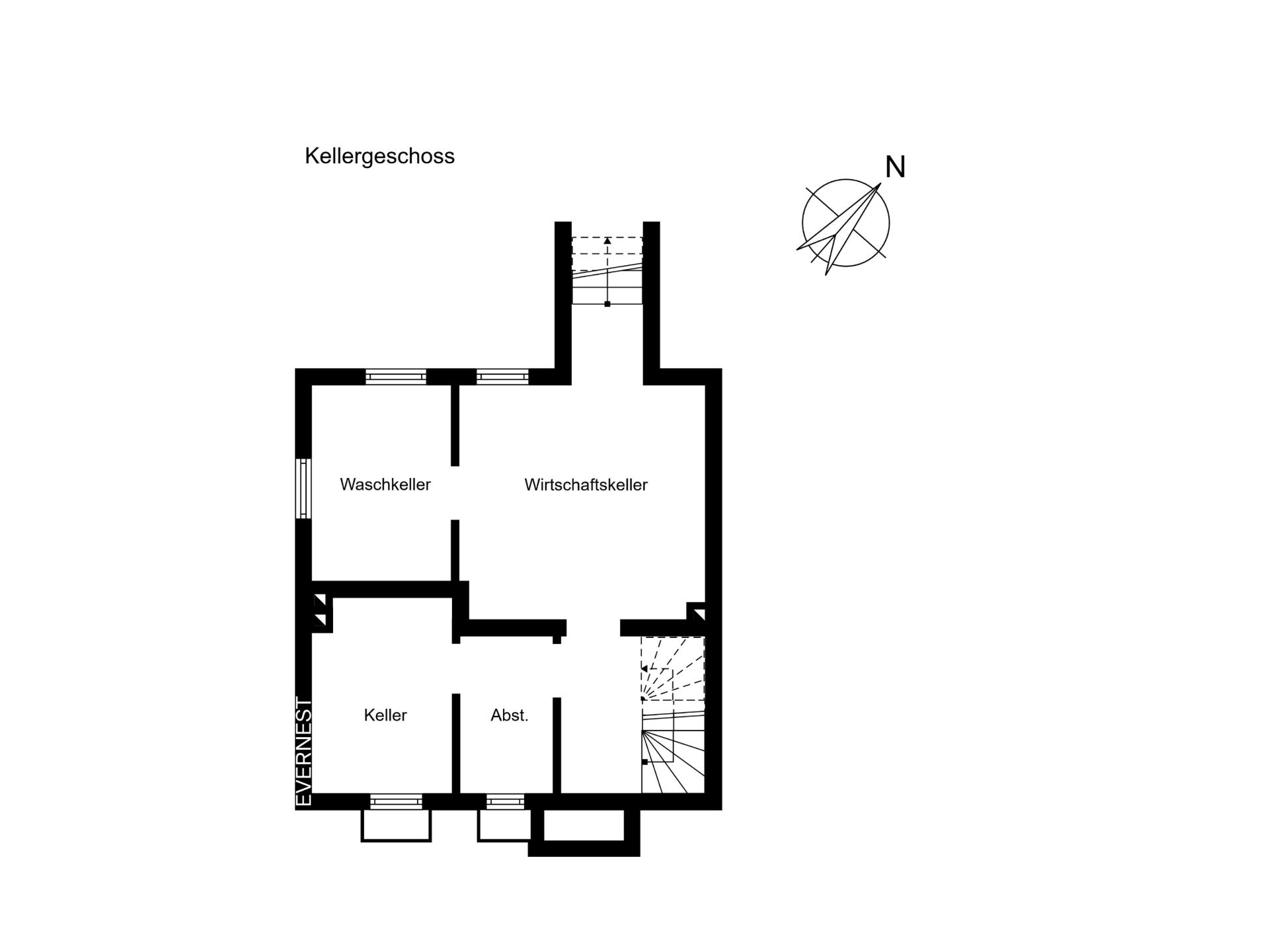 Grundriss des Kellergeschosses mit Waschkeller, Wirtschaftsraum, Keller und Abstellraum.