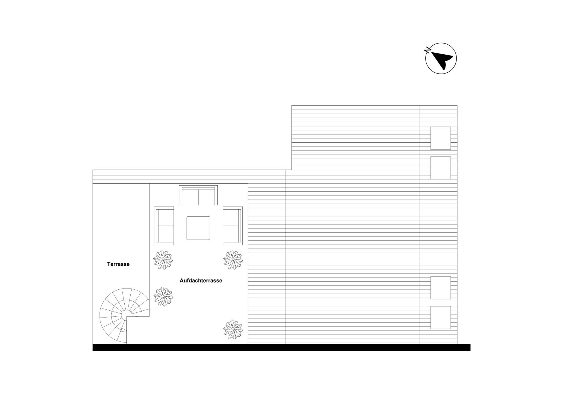 Grundriss einer Dachterrasse mit Sitzmöbeln, Pflanzen und Wendeltreppe.