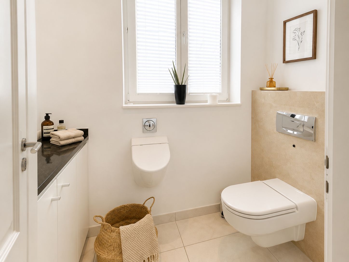 Modernes, helles Badezimmer mit WC, Urinal, Fenster, Ablage, Korb und Dekoration.