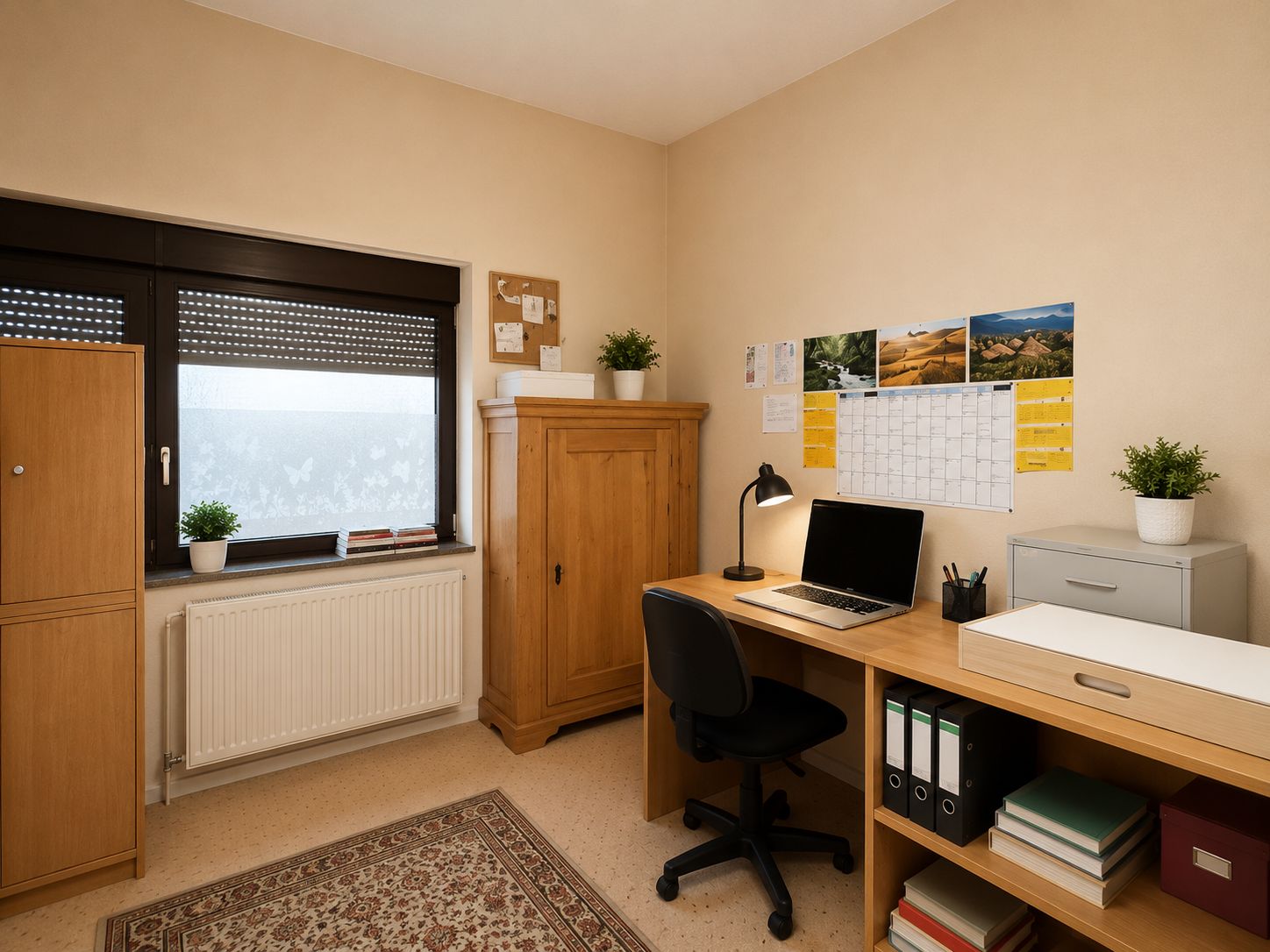 Kleines Arbeitszimmer mit Schreibtisch, Laptop, Stuhl, Regalen und Pflanzen.