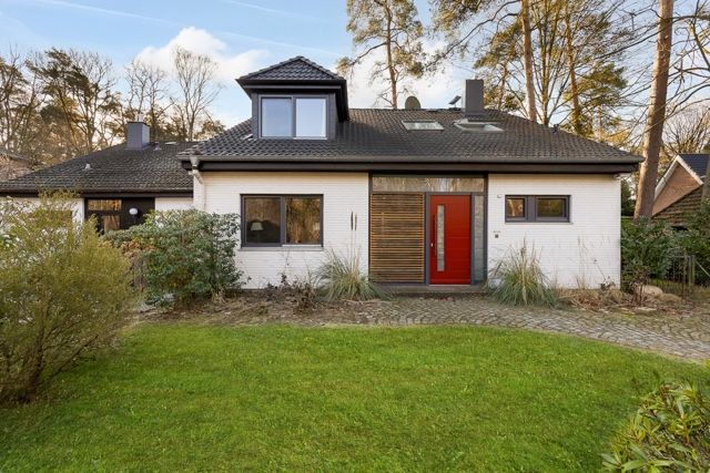Modernes weißes Haus mit schwarzem Dach, roter Eingangstür und großem Fenster, umgeben von Garten.