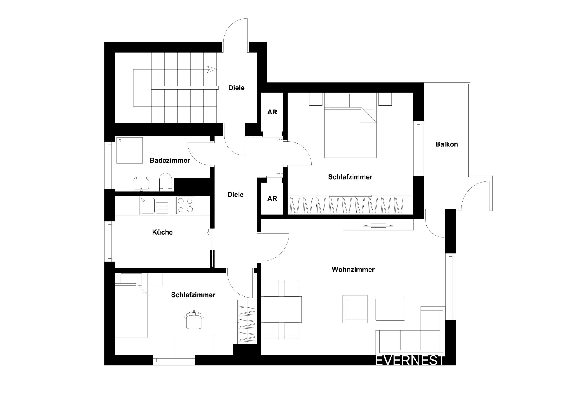 Grundriss einer Wohnung mit Wohnzimmer, zwei Schlafzimmern, Küche, Bad und Balkon.