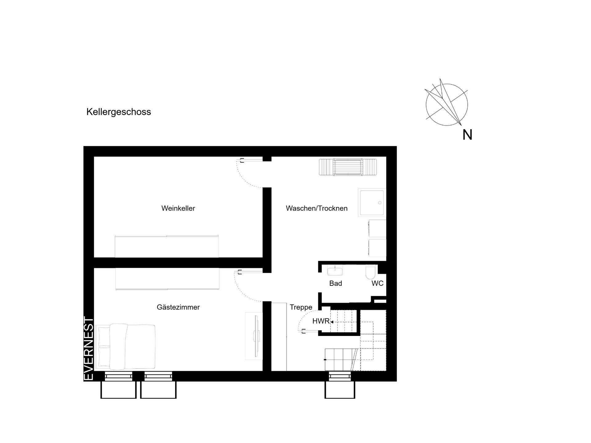 Grundriss des Kellergeschosses mit Weinkeller, Gästezimmer, Waschraum, Bad und Hauswirtschaftsraum.