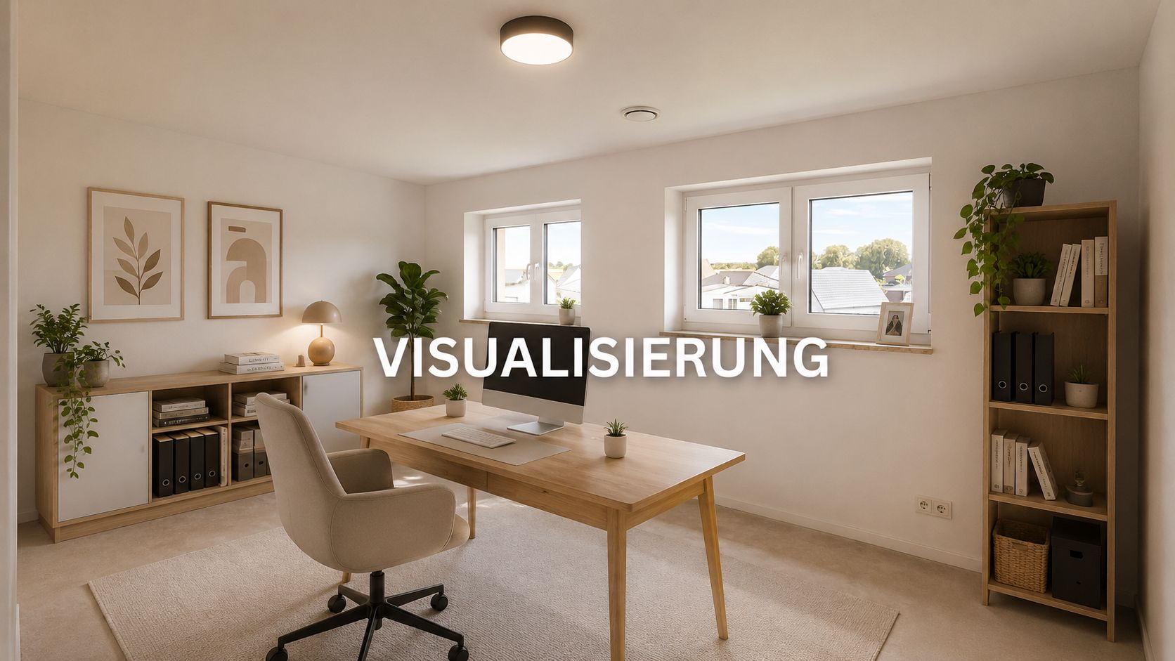 Helles Arbeitszimmer mit Schreibtisch, Stuhl, Regal, Pflanzen und großen Fenstern.