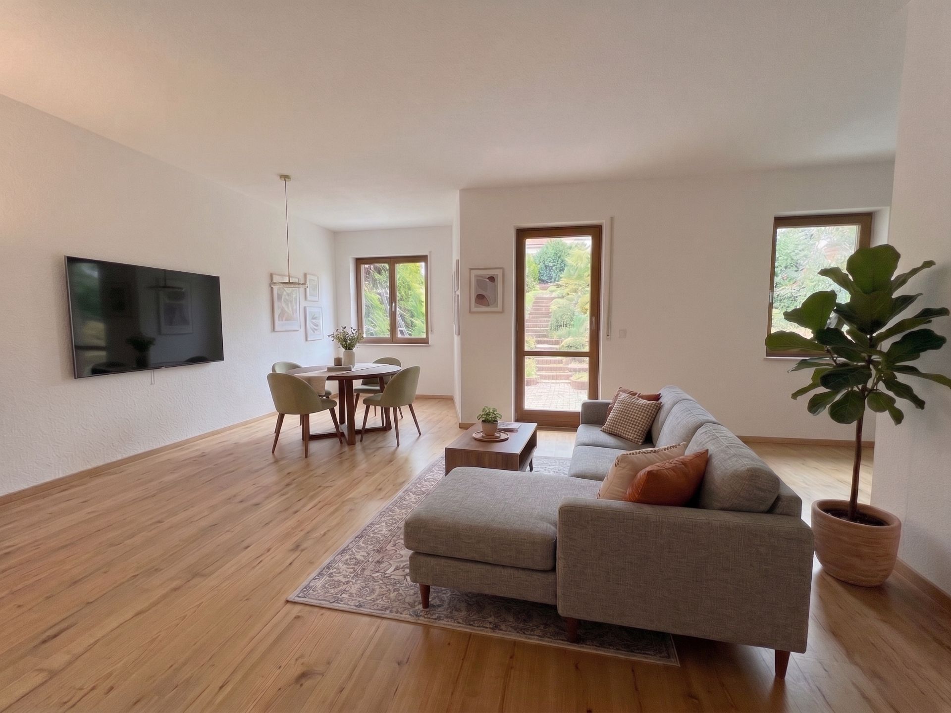 Helles Wohnzimmer mit grauem Sofa, Couchtisch, Esstisch, großem TV und Pflanze auf Holzfußboden.