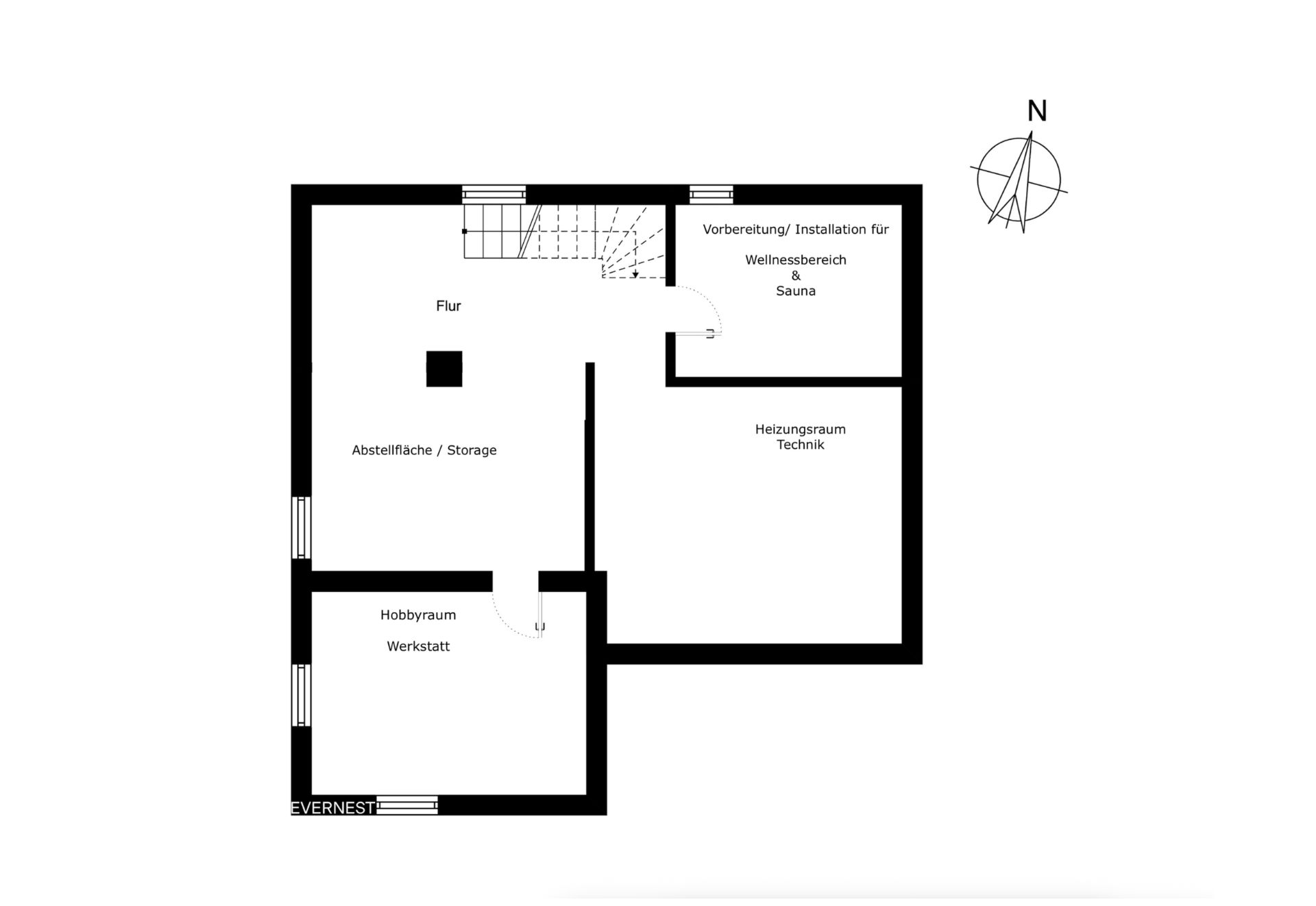 Grundriss eines Kellers mit Flur, Hobbyraum, Abstellfläche, Heizungsraum und Wellnessbereich.