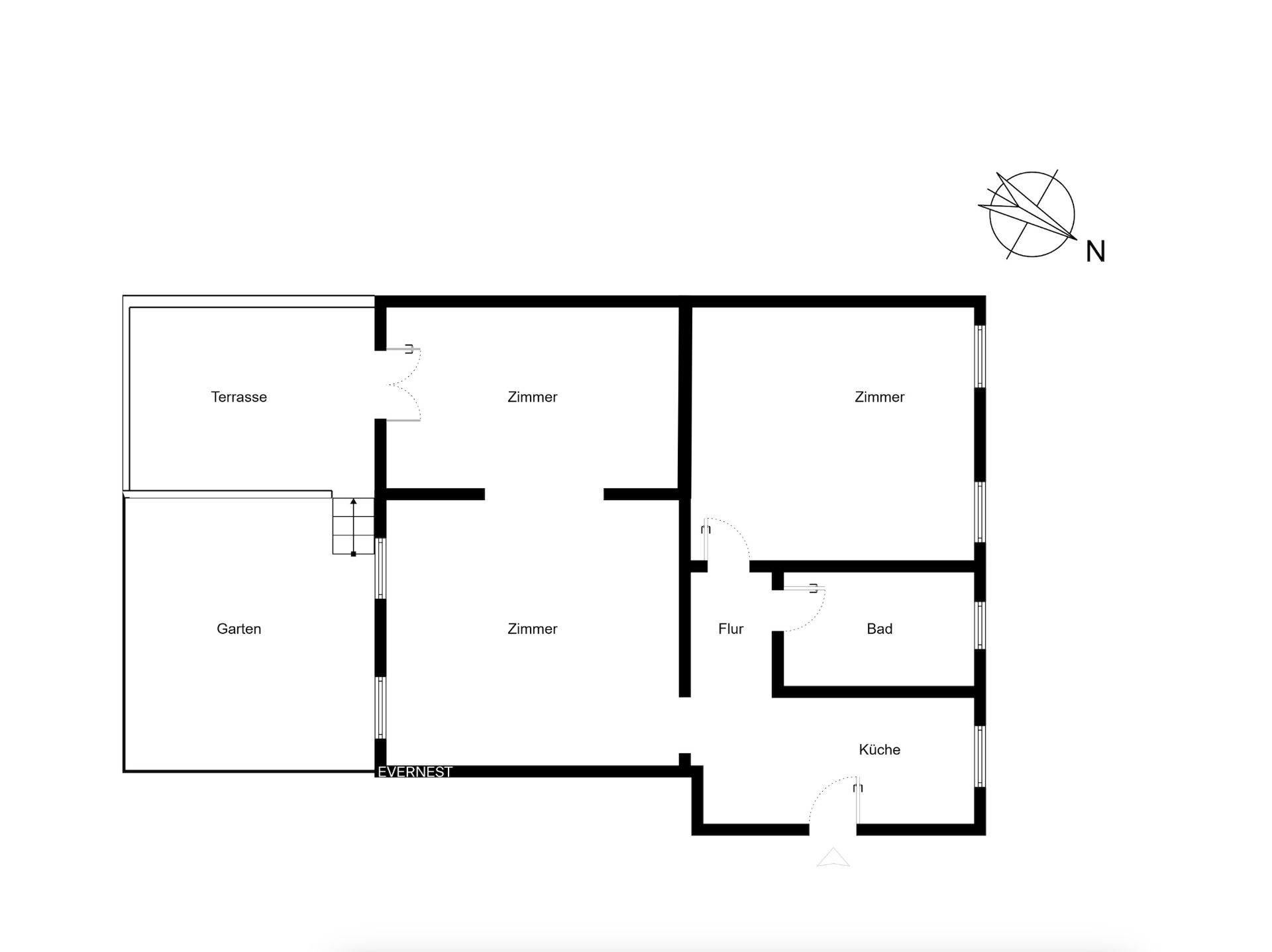Grundriss mit Terrasse, Garten, drei Zimmern, Flur, Bad und Küche.