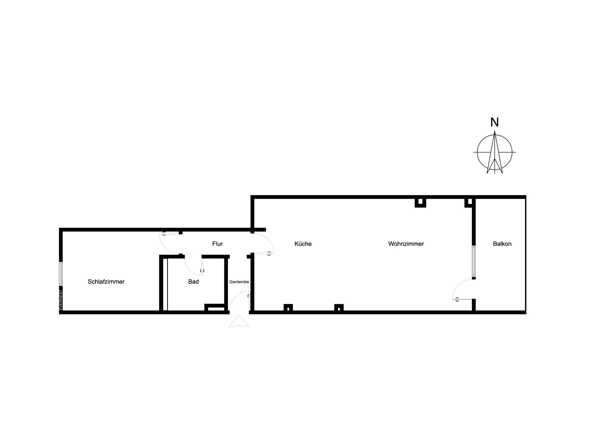 Grundriss einer Wohnung mit Schlafzimmer, Bad, Flur, Küche, Wohnzimmer und Balkon.
