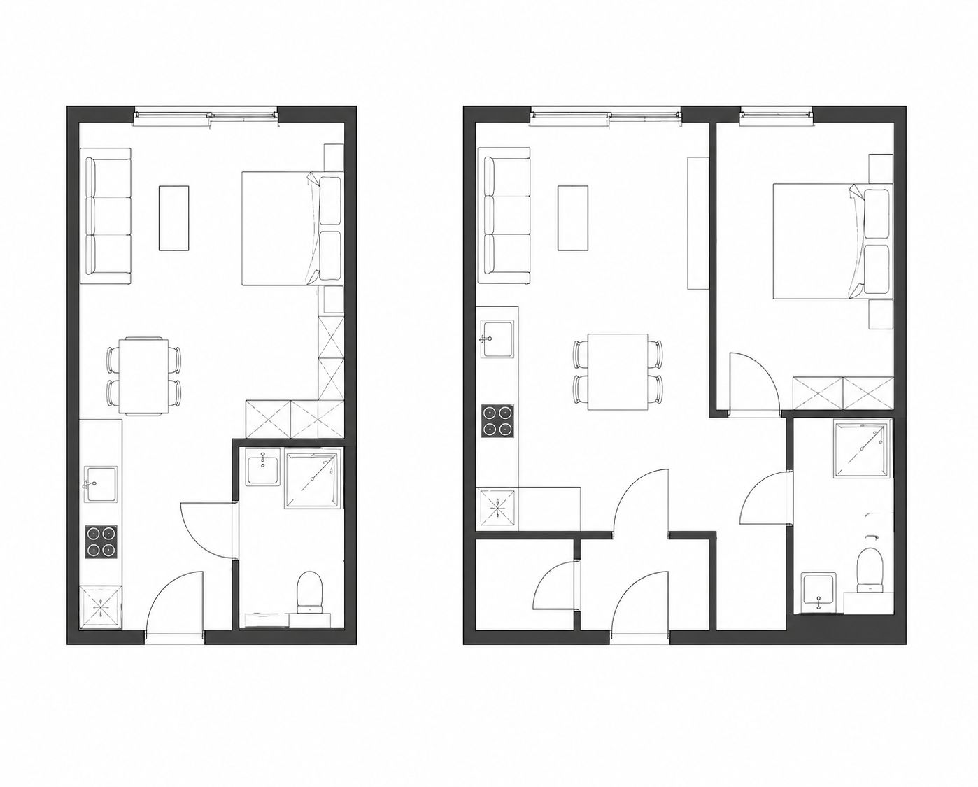 Zwei Wohnungsgrundrisse mit Wohn-, Schlaf-, Essbereich, Küche und Bad sind zu sehen.