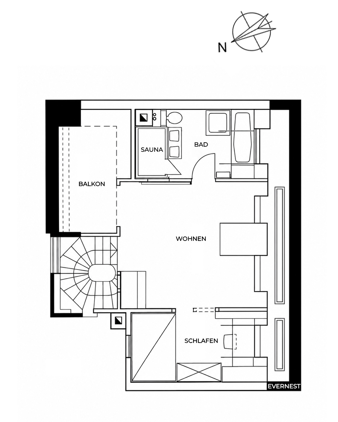 Grundriss einer Wohnung mit Balkon, Wohnbereich, Schlafzimmer, Bad und Sauna.