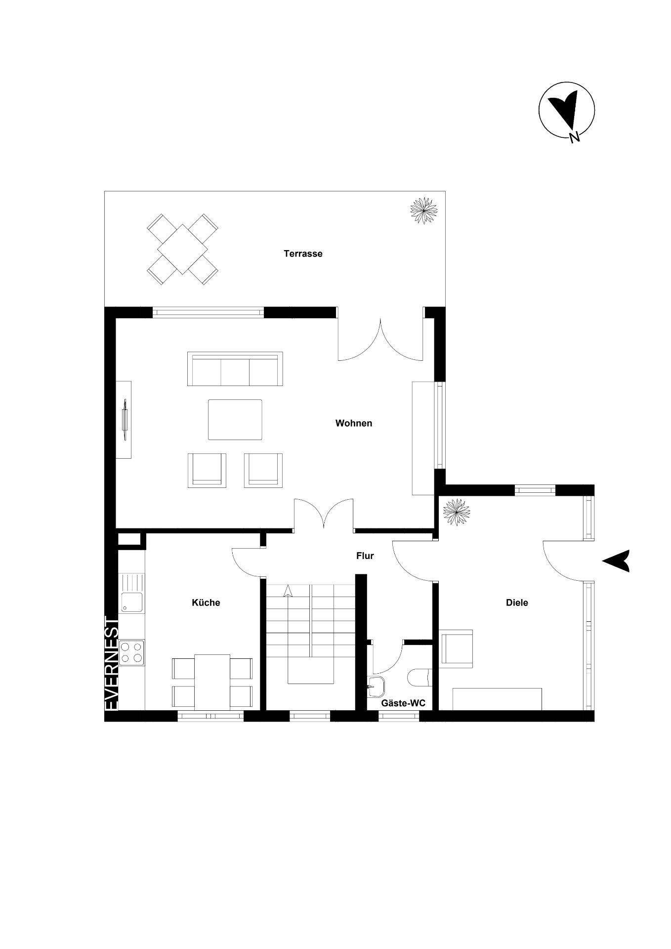 Grundriss mit Wohnzimmer, Küche, Diele, Gäste-WC, Flur und Terrasse.