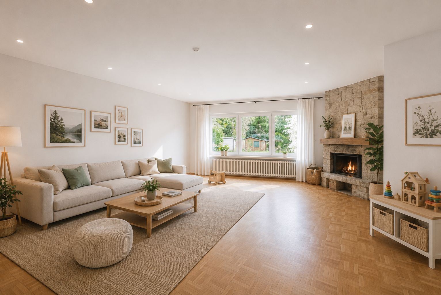 Helles Wohnzimmer mit Sofa, Couchtisch, Kamin und großem Fenster mit Blick nach draußen.