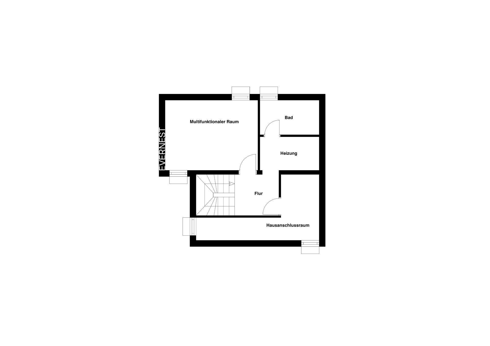 Grundriss eines Kellers mit multifunktionalem Raum, Bad, Heizung und Hausanschlussraum.