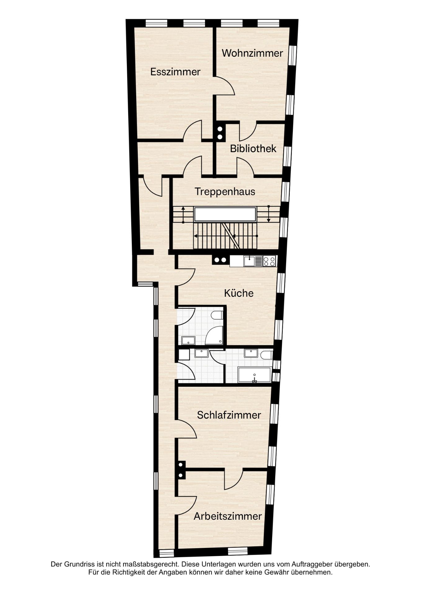 Grundriss einer Wohnung mit Wohnzimmer, Esszimmer, Küche, Schlafzimmer, Arbeitszimmer und Bibliothek.