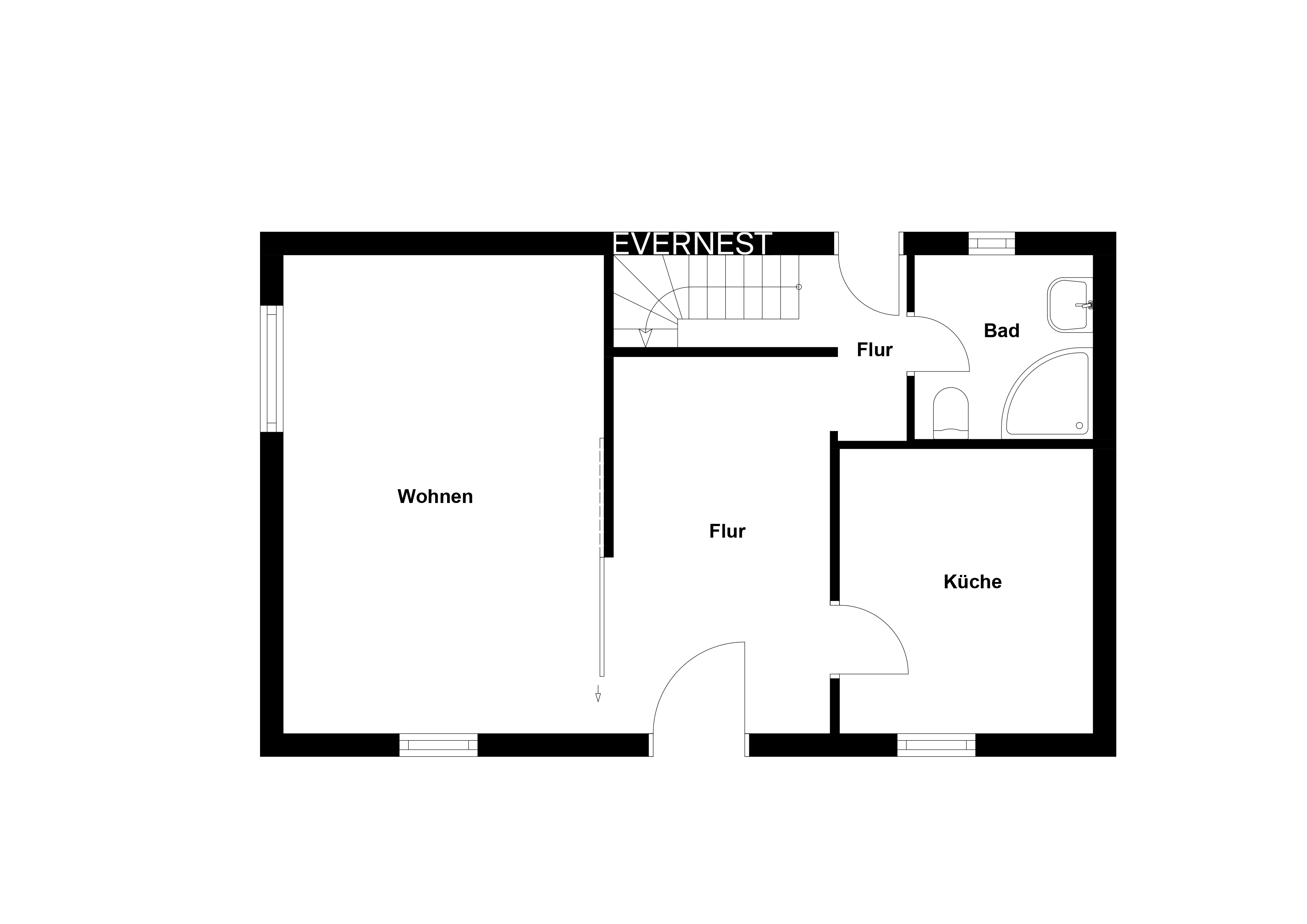 Grundriss mit Wohnzimmer, Küche, Bad und Flur, Räume sind mit Text beschriftet.