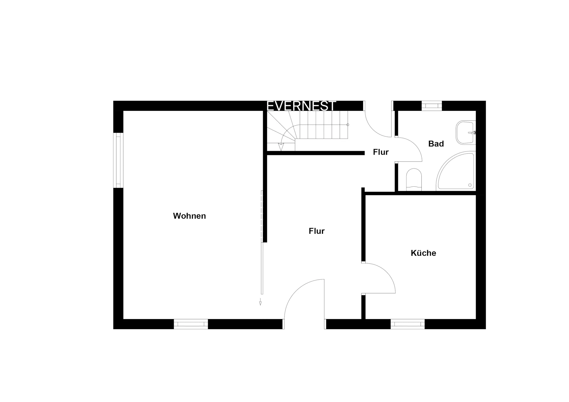 Grundriss mit Wohnzimmer, Küche, Bad und Flur, Räume sind mit Text beschriftet.