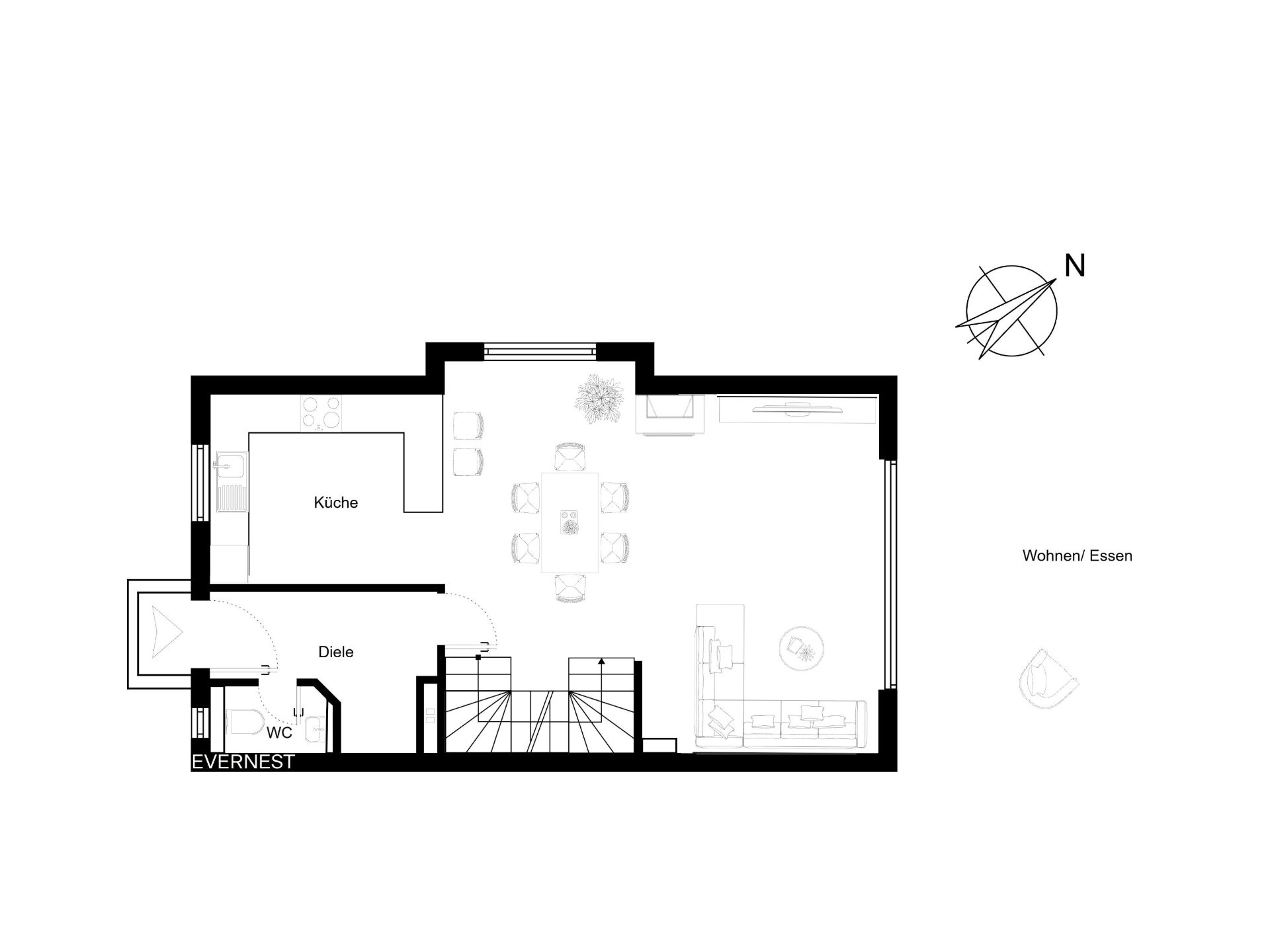 Grundriss mit Küche, Wohn- und Essbereich, Diele, WC und Treppe.