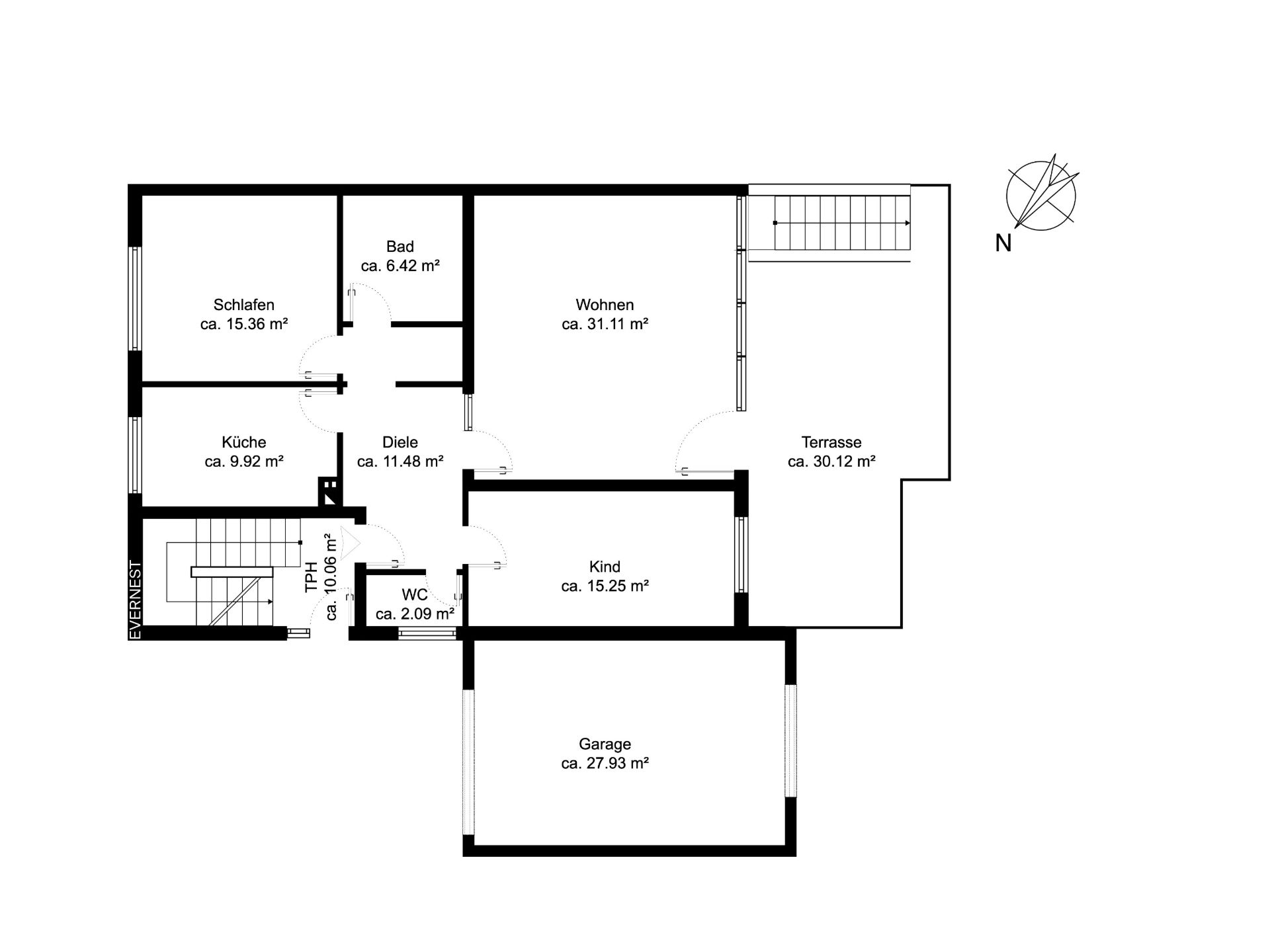 Grundriss mit Schlafzimmer, Wohnzimmer, Küche, Bad, Kinderzimmer, WC, Diele, Garage und Terrasse.