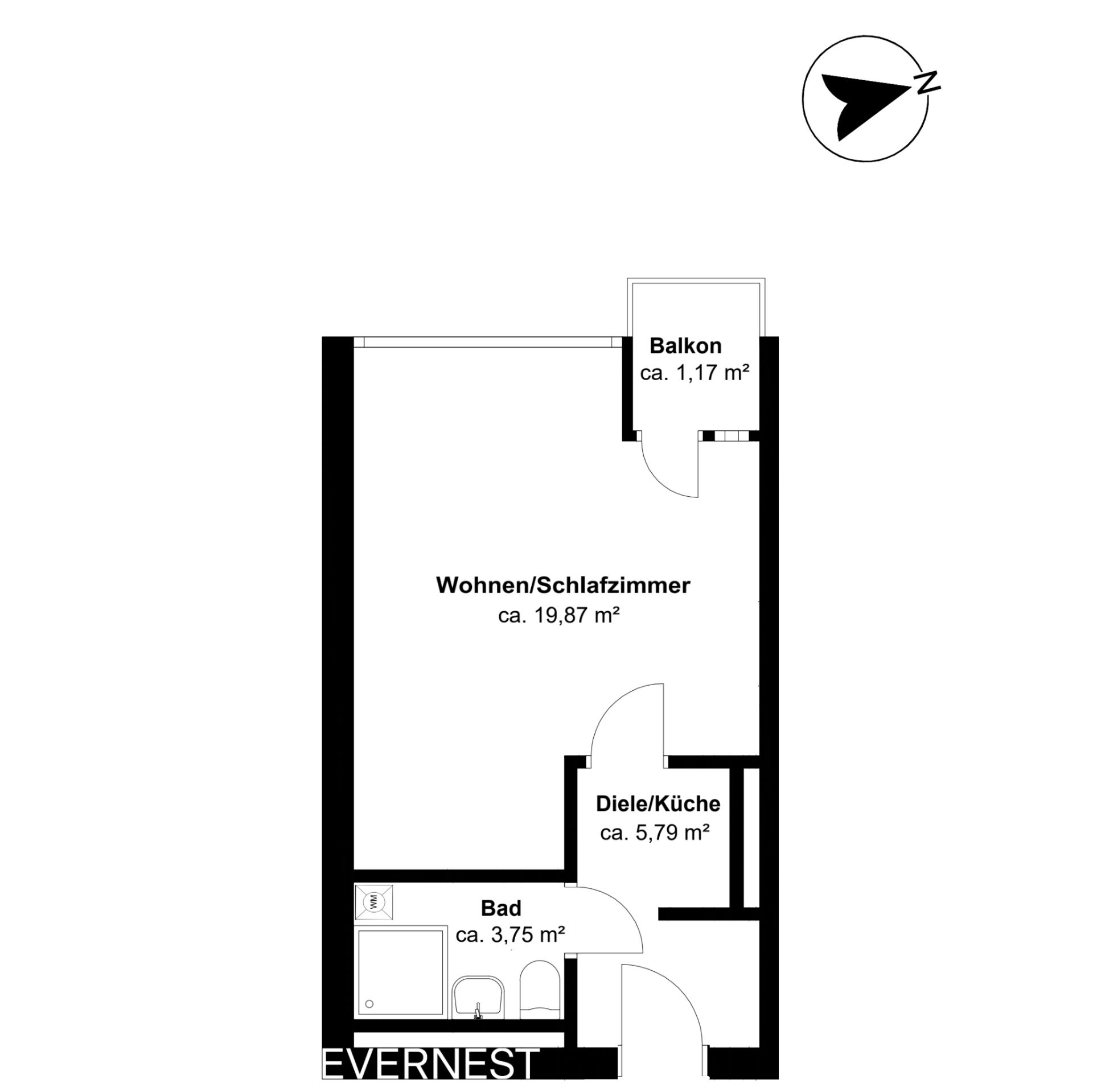 Grundriss einer Wohnung mit Wohn-/Schlafzimmer, Küche, Bad und Balkon.