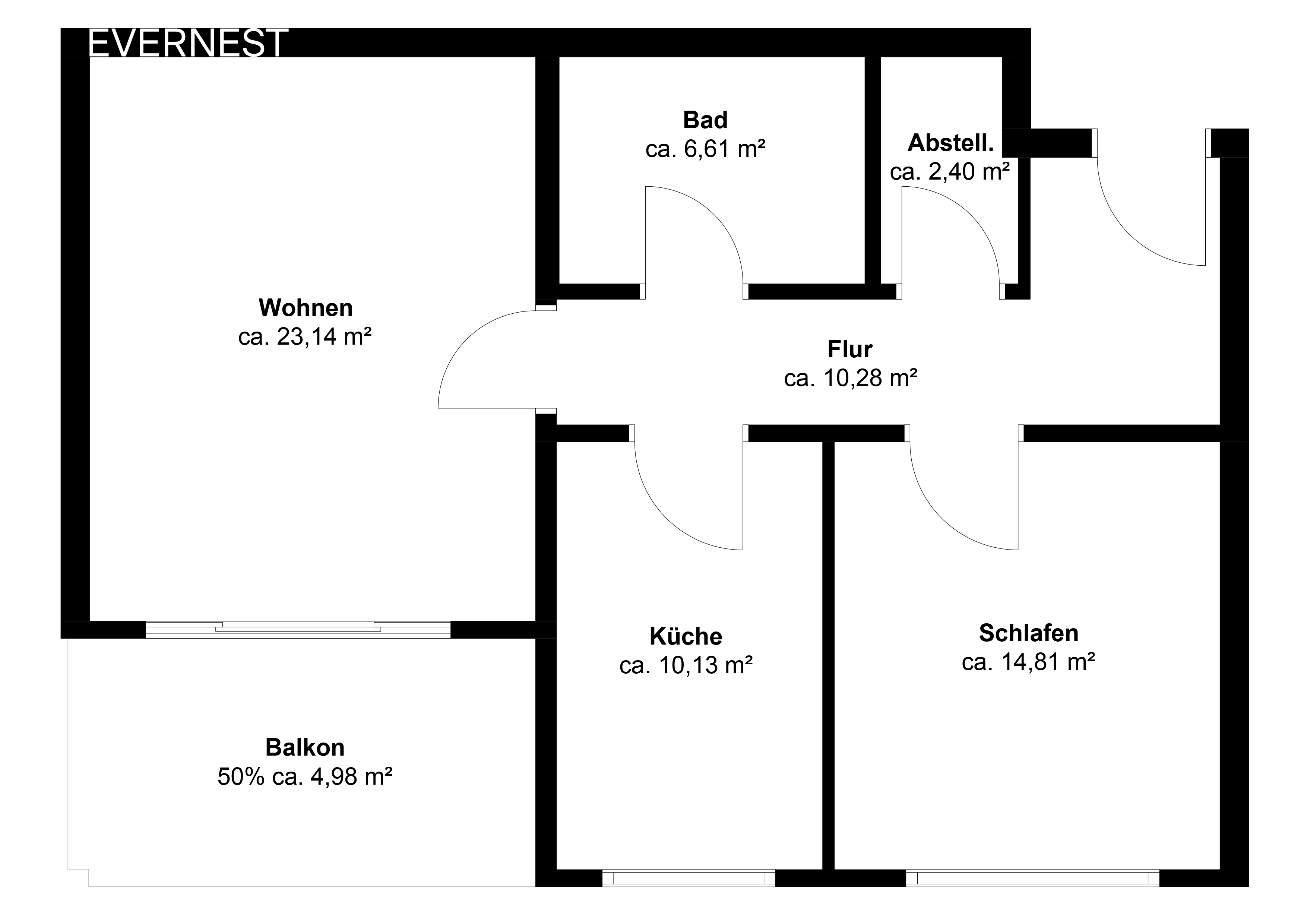 Grundriss einer Wohnung mit Zimmern für Wohnen, Schlafen, Küche, Bad, Abstellraum, Flur und Balkon.