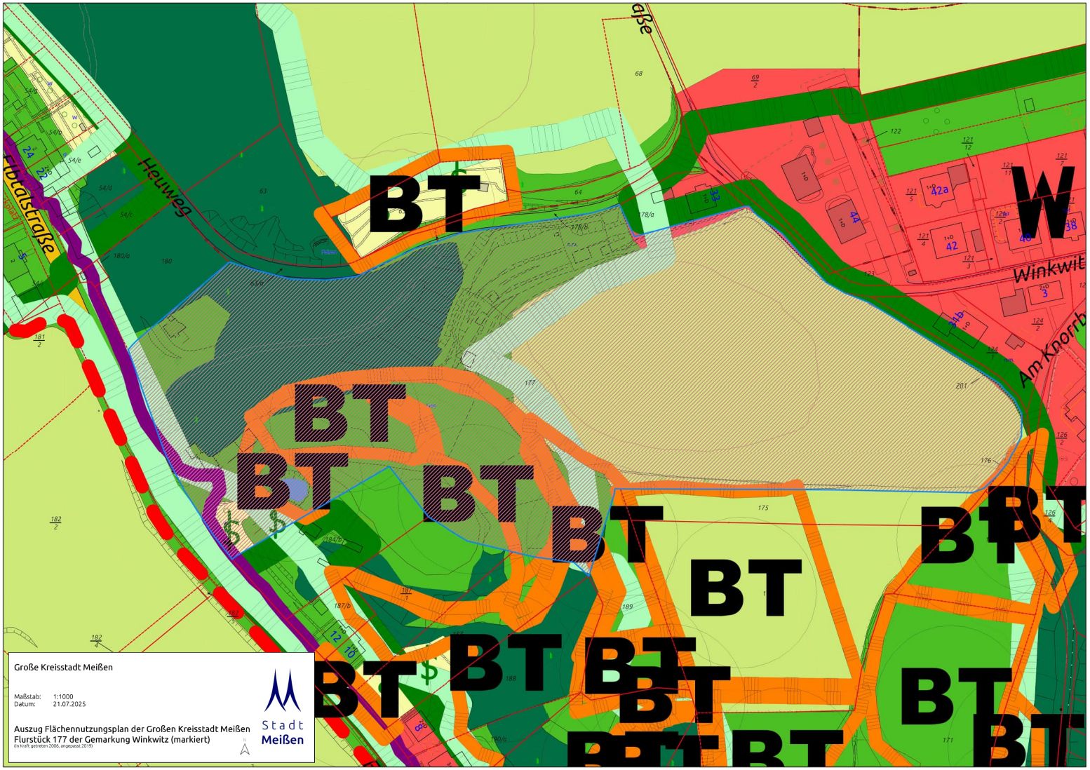 Bunter Flächenplan mit verschiedenen Zonen und den Markierungen BT und W.