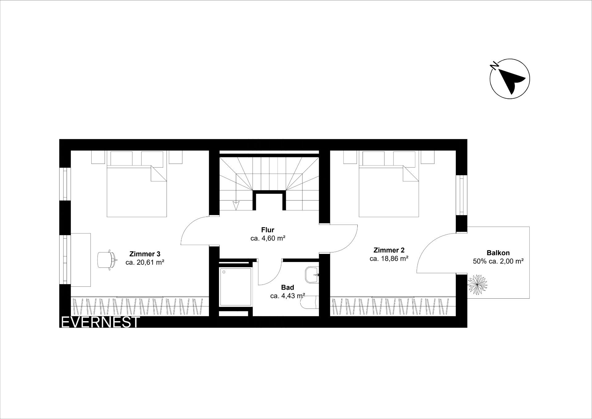 Grundriss mit zwei Zimmern, Bad, Flur und Balkon, Flächenangaben in Quadratmetern.
