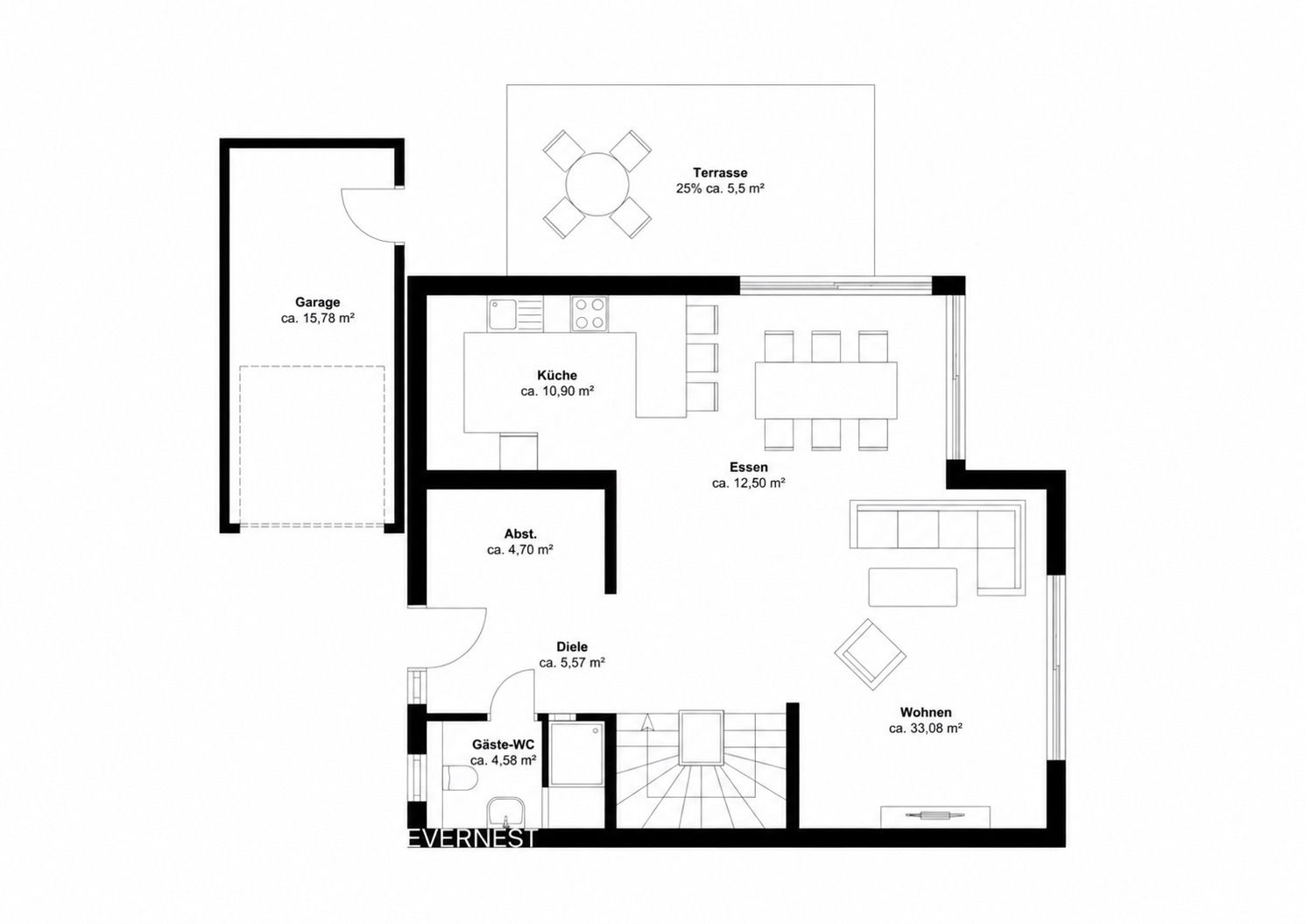 Grundriss mit Garage, Küche, Essbereich, Wohnzimmer, Terrasse, Gäste-WC und Diele.